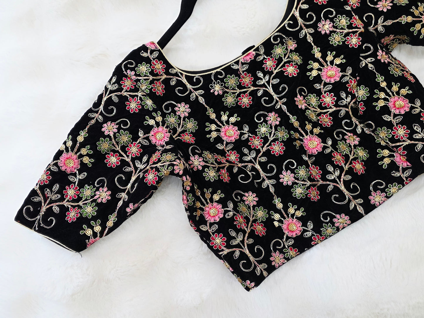 Midnight Black Floral Embroidered Velvet Designer Blouse