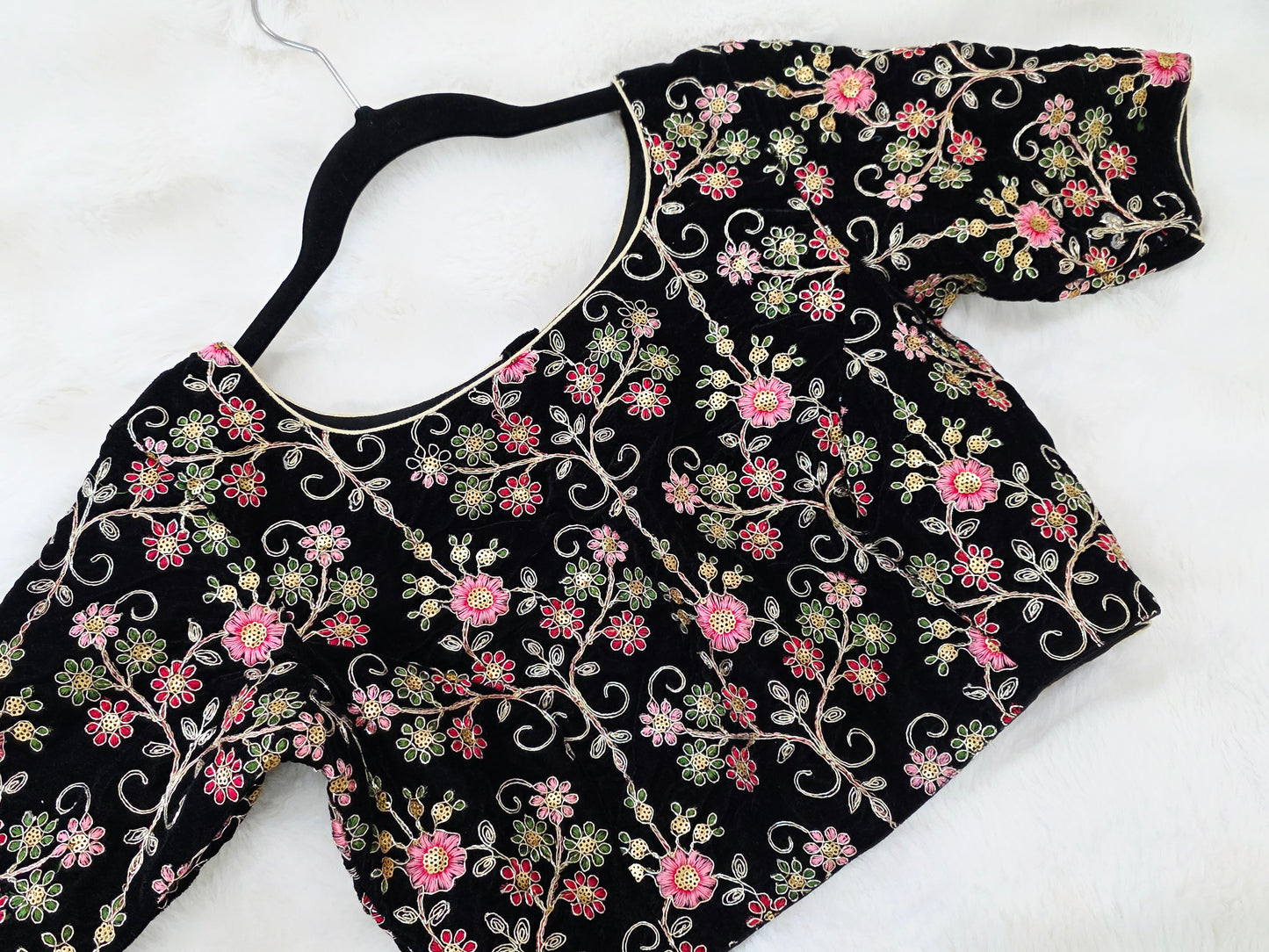 Midnight Black Floral Embroidered Velvet Designer Blouse