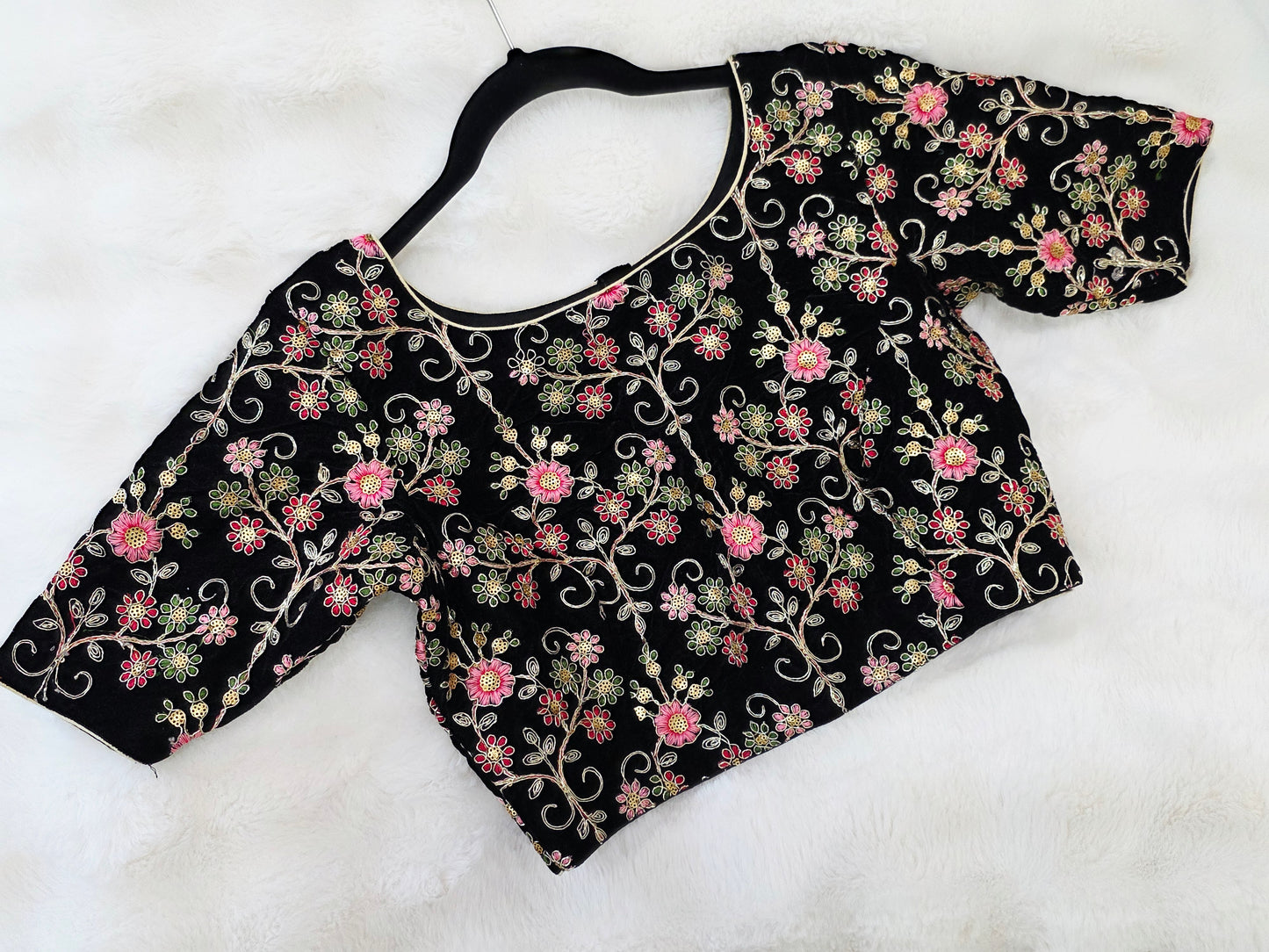 Midnight Black Floral Embroidered Velvet Designer Blouse