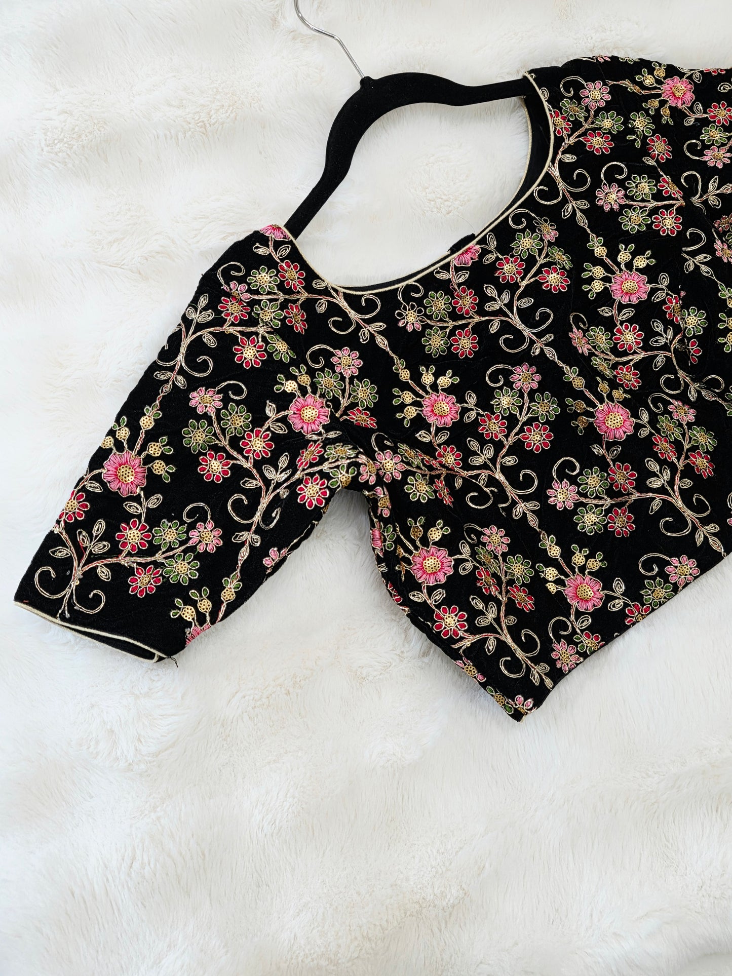 Midnight Black Floral Embroidered Velvet Designer Blouse