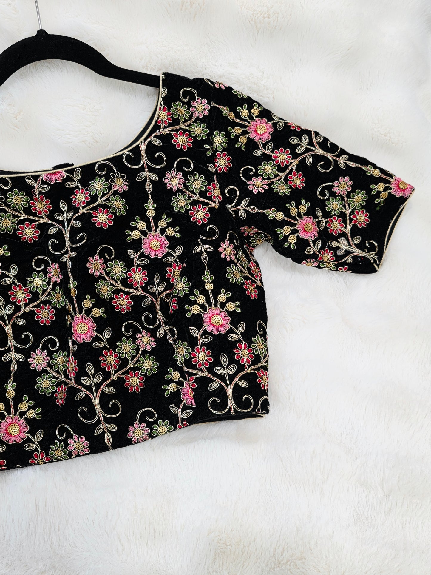 Midnight Black Floral Embroidered Velvet Designer Blouse