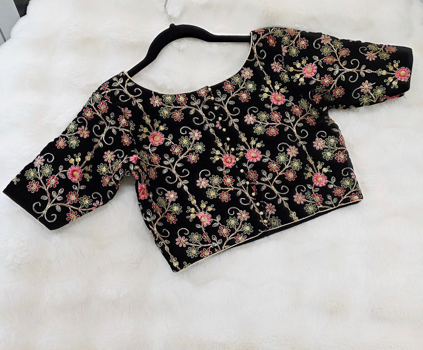 Midnight Black Floral Embroidered Velvet Designer Blouse