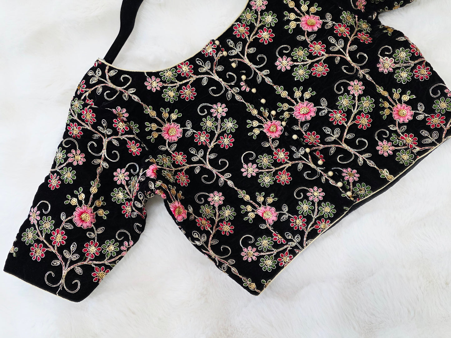 Midnight Black Floral Embroidered Velvet Designer Blouse
