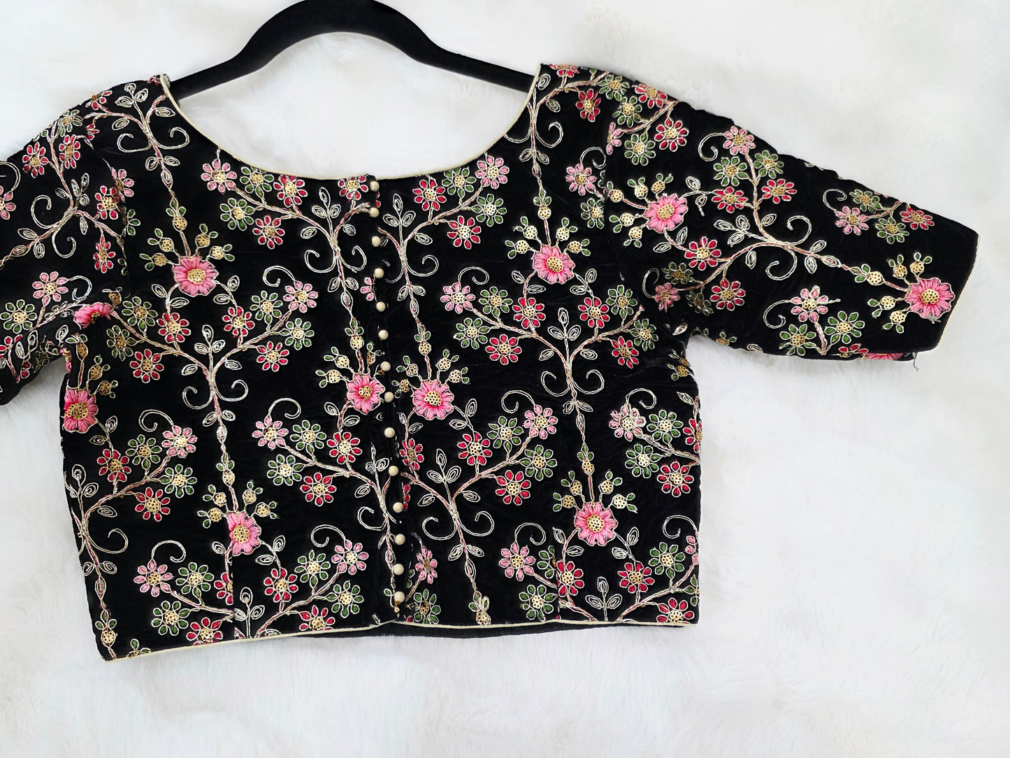 Midnight Black Floral Embroidered Velvet Designer Blouse
