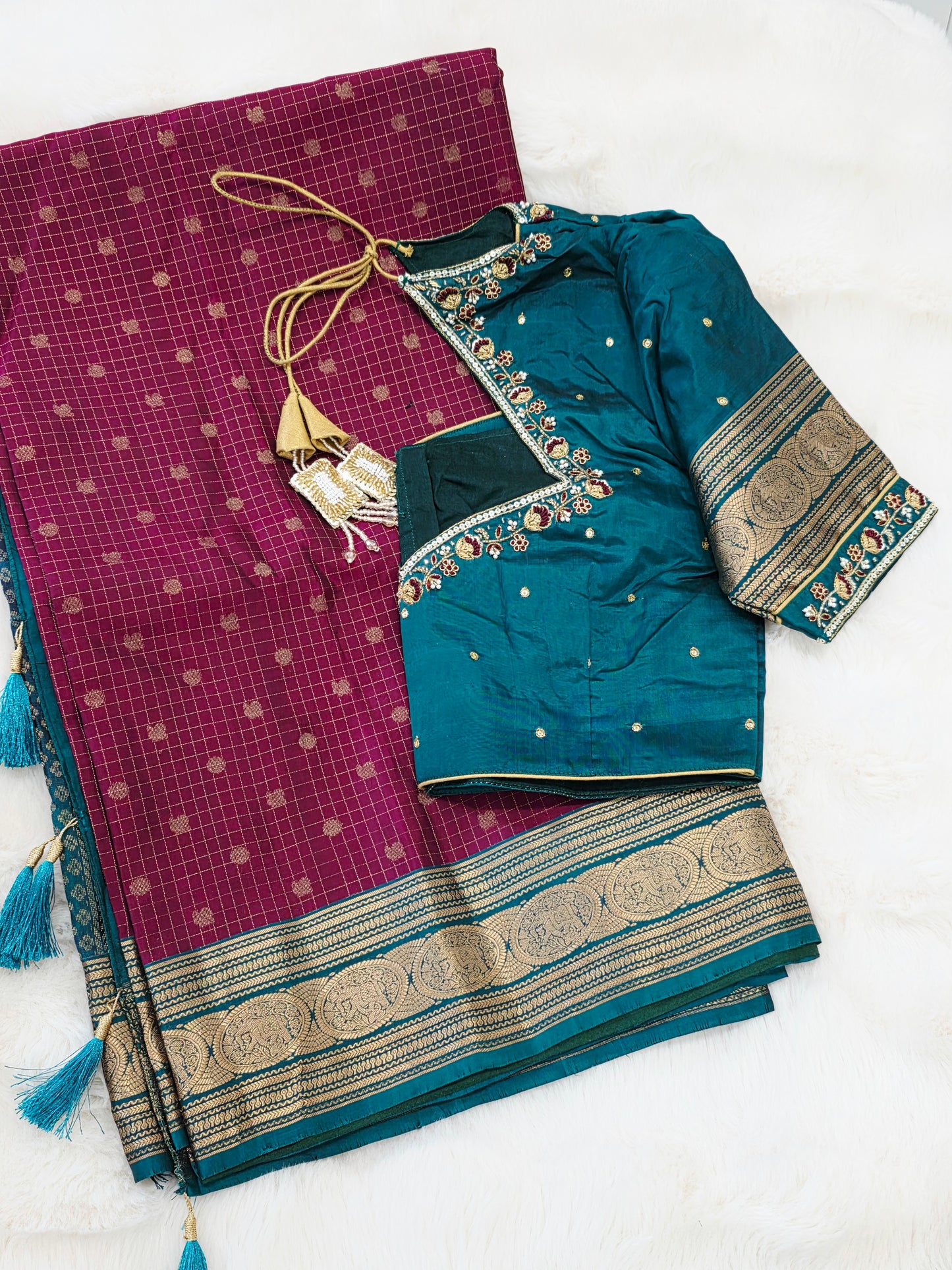 Deep Magenta & Peacock Teal Kanchipuram Soft Silk Saree — Small Checks & Peacock Butta Weave with Stitched Maggam Work Blouse & Teal Tassel Pallu