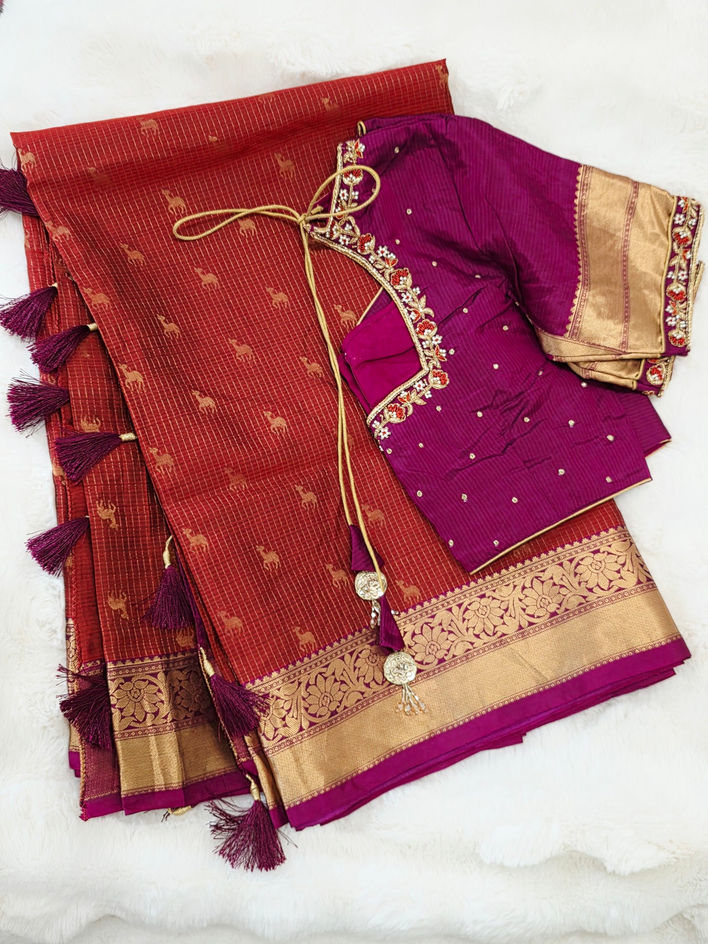 Rust Orange & Jewel Magenta Kanchipuram Soft Silk Saree — Small Checks & Deer Butta Weave with Stitched Maggam Work Blouse & Magenta Tassel Pallu