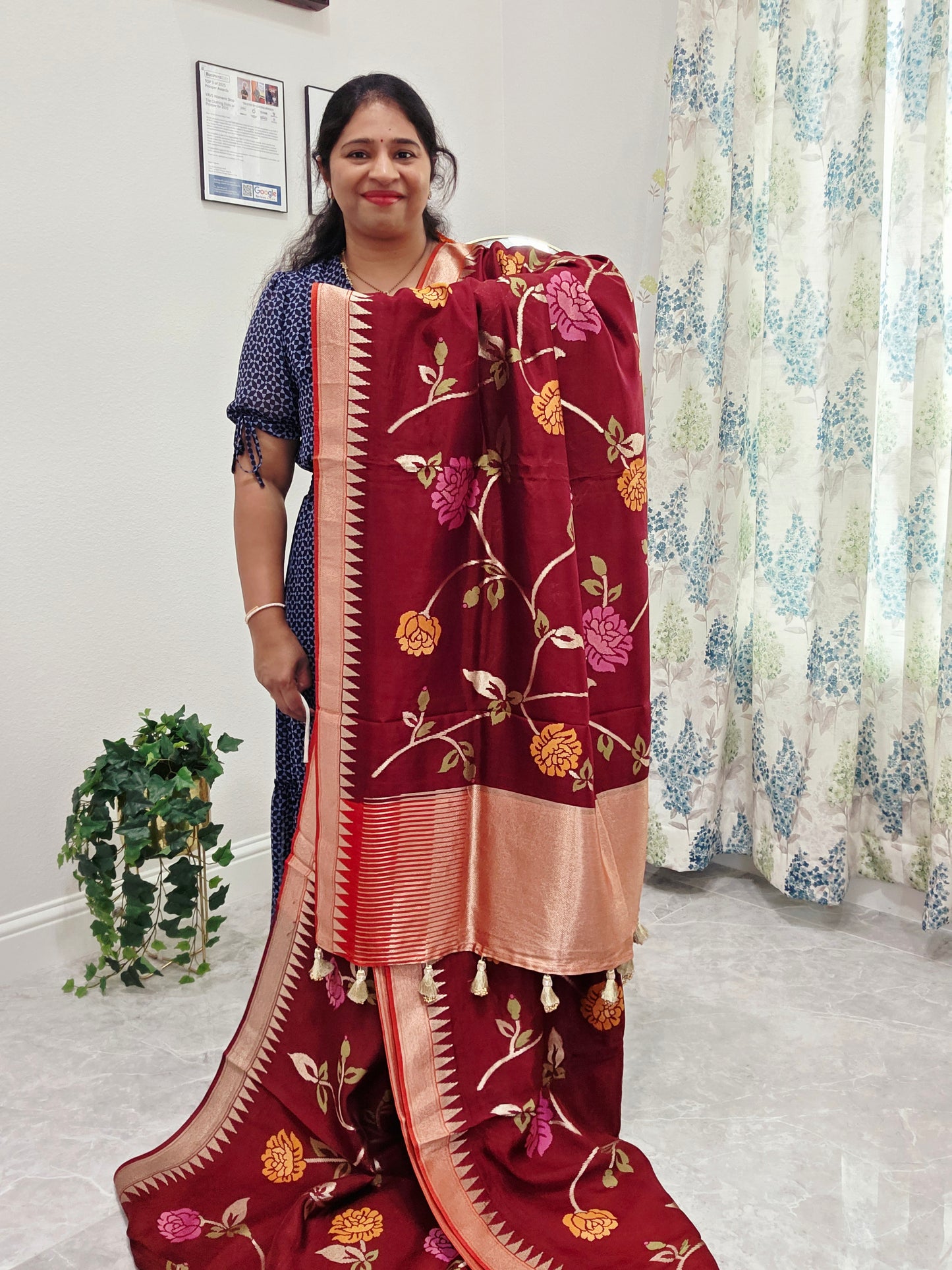 Chocolate Burgundy Brown Jamdani Weave Maheswari Silk Style Saree with Ready Blouse