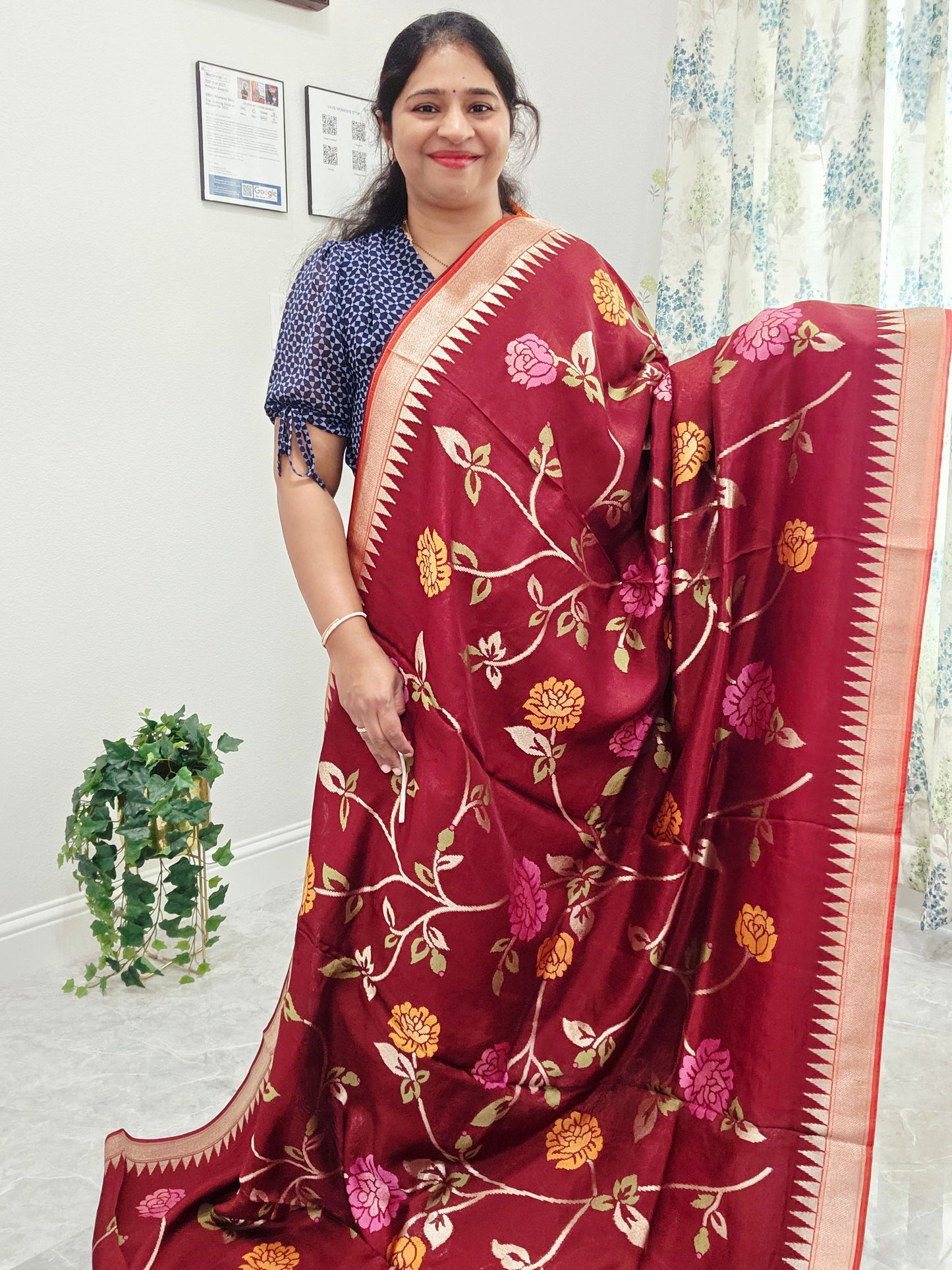 Chocolate Burgundy Brown Jamdani Weave Maheswari Silk Style Saree with Ready Blouse