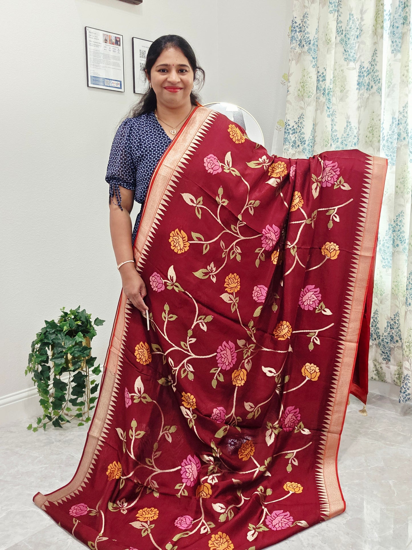 Chocolate Burgundy Brown Jamdani Weave Maheswari Silk Style Saree with Ready Blouse