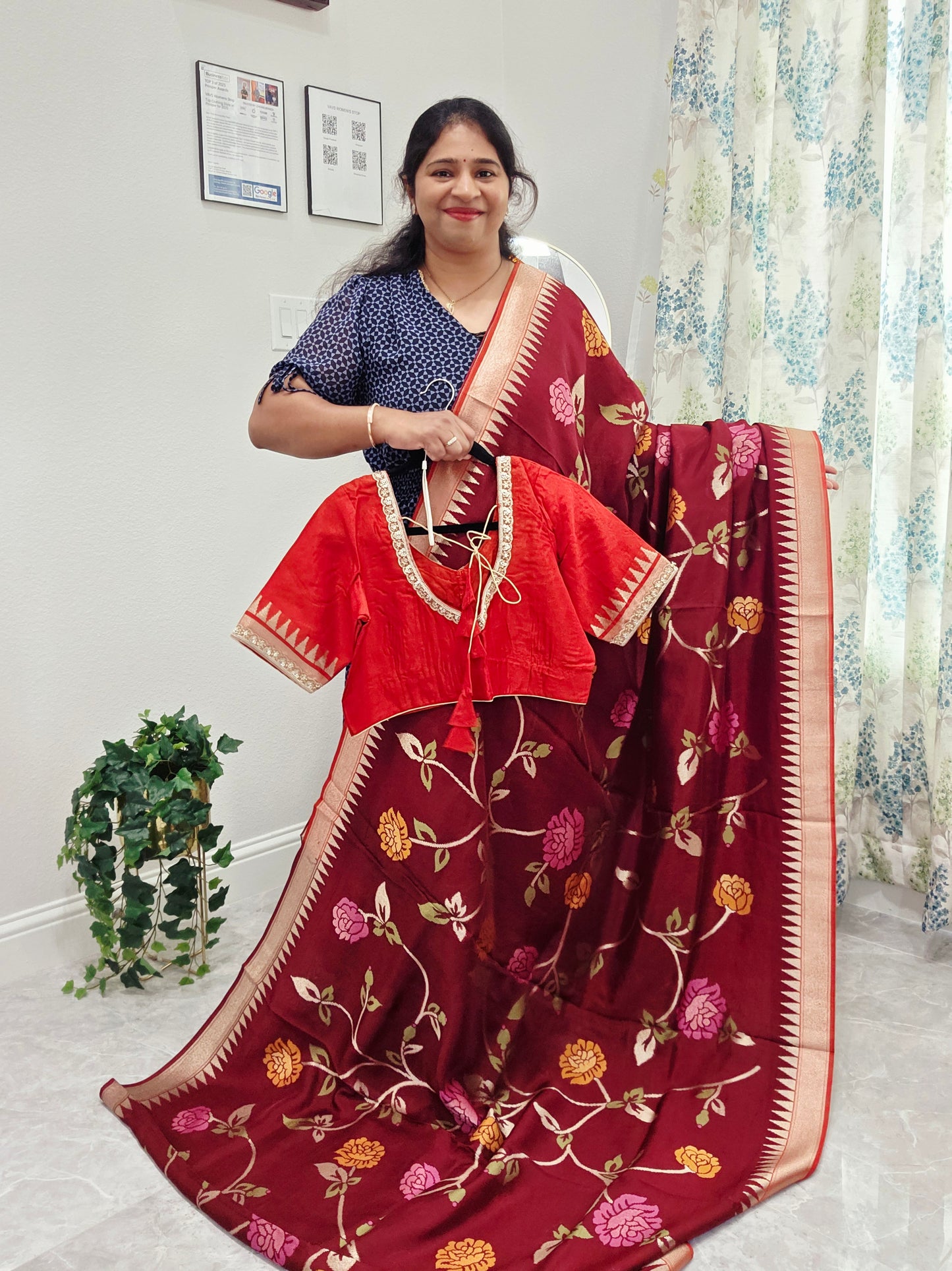 Chocolate Burgundy Brown Jamdani Weave Maheswari Silk Style Saree with Ready Blouse