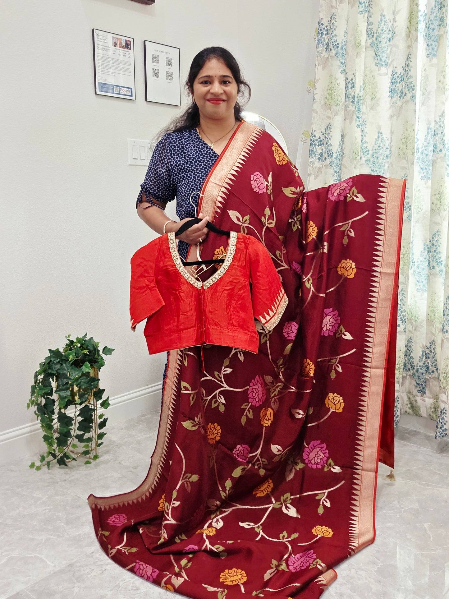 Chocolate Burgundy Brown Jamdani Weave Maheswari Silk Style Saree with Ready Blouse
