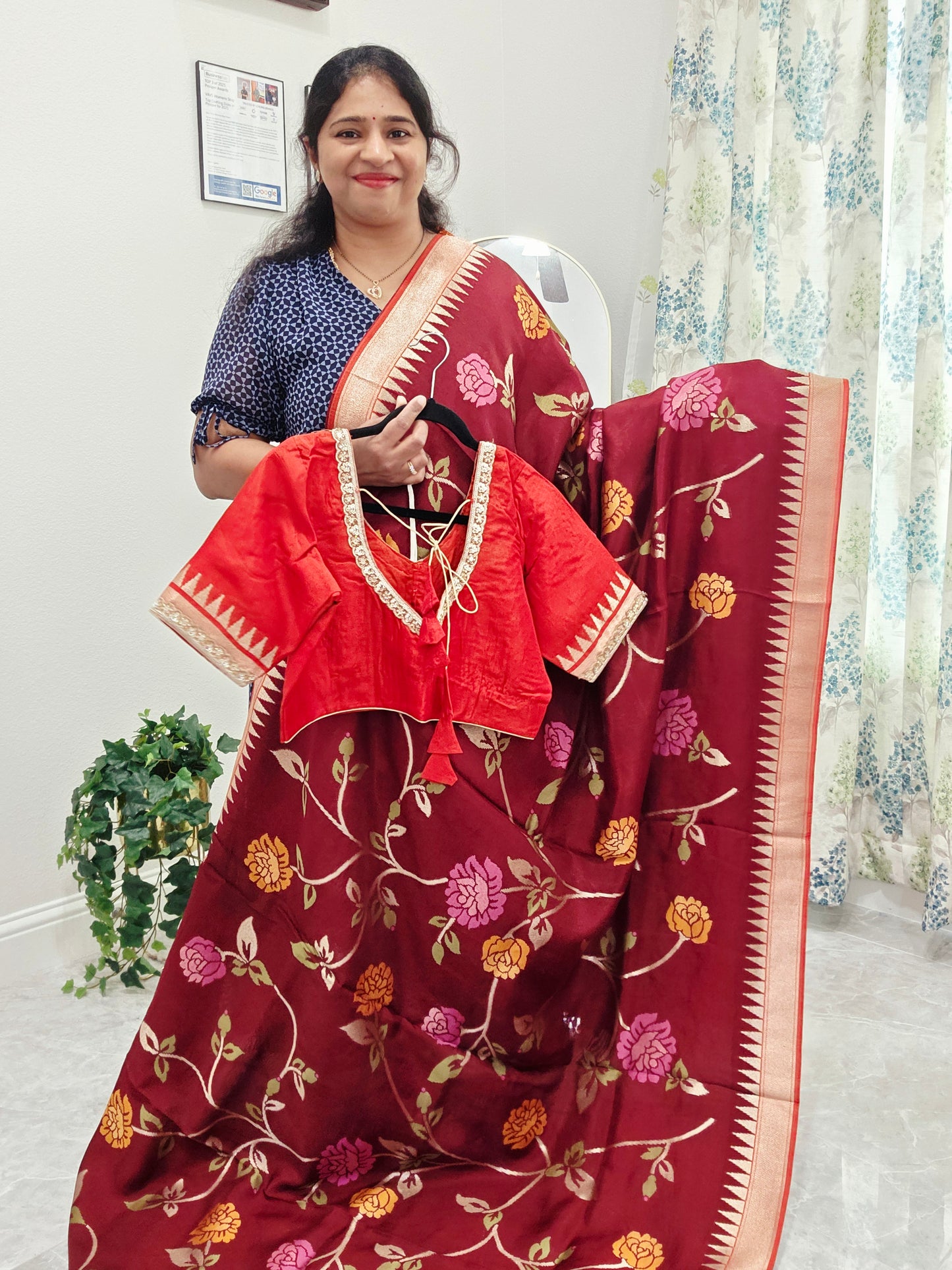 Chocolate Burgundy Brown Jamdani Weave Maheswari Silk Style Saree with Ready Blouse