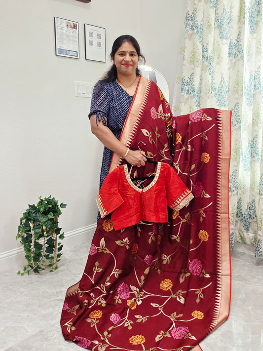 Chocolate Burgundy Brown Jamdani Weave Maheswari Silk Style Saree with Ready Blouse