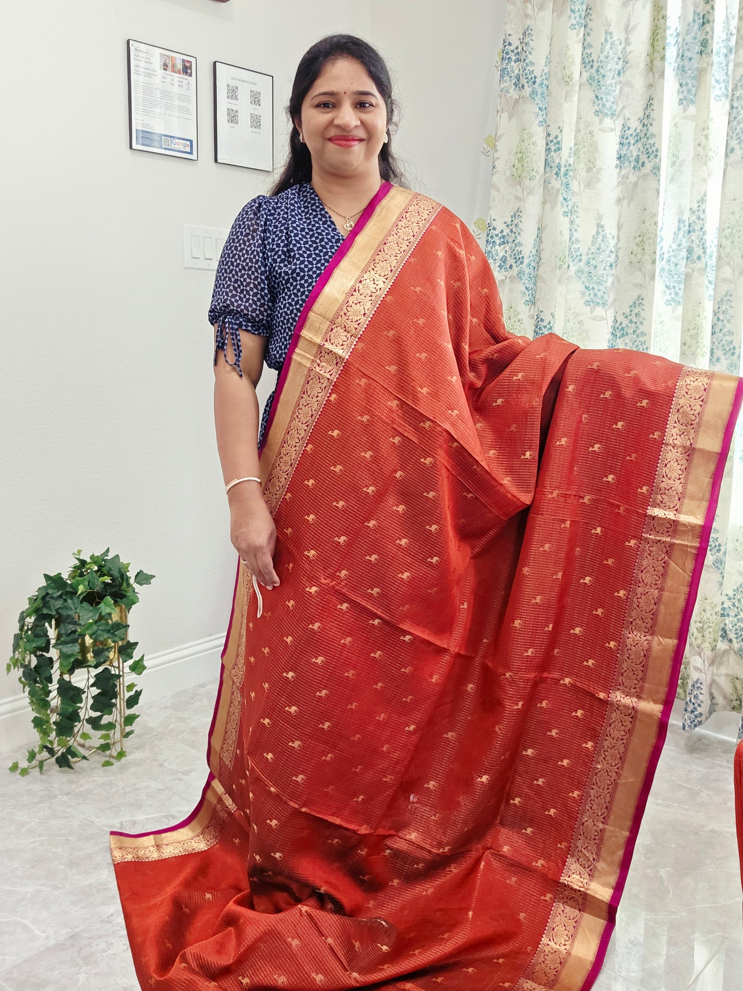 Rust Orange & Jewel Magenta Kanchipuram Soft Silk Saree — Small Checks & Deer Butta Weave with Stitched Maggam Work Blouse & Magenta Tassel Pallu