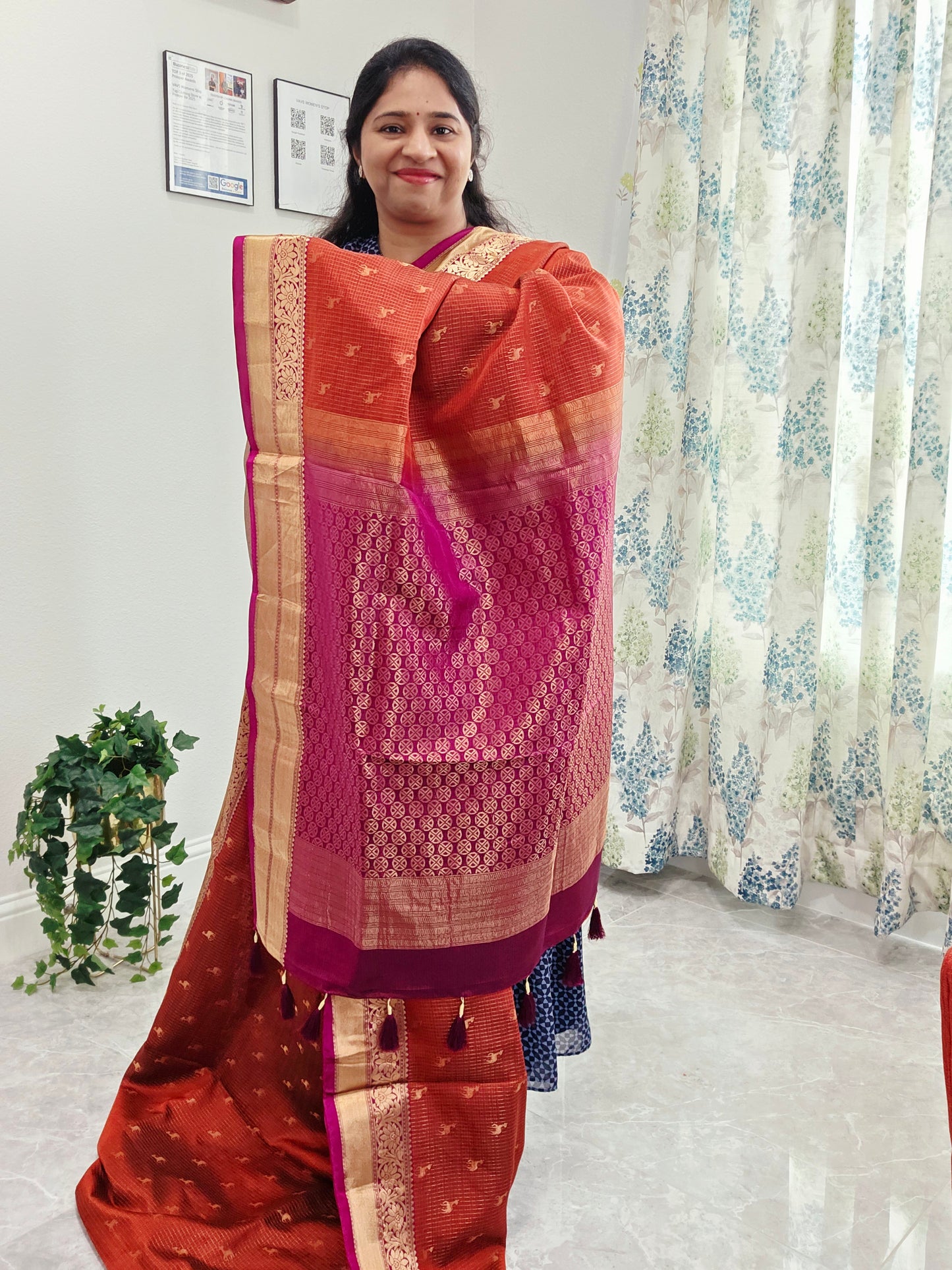 Rust Orange & Jewel Magenta Kanchipuram Soft Silk Saree — Small Checks & Deer Butta Weave with Stitched Maggam Work Blouse & Magenta Tassel Pallu