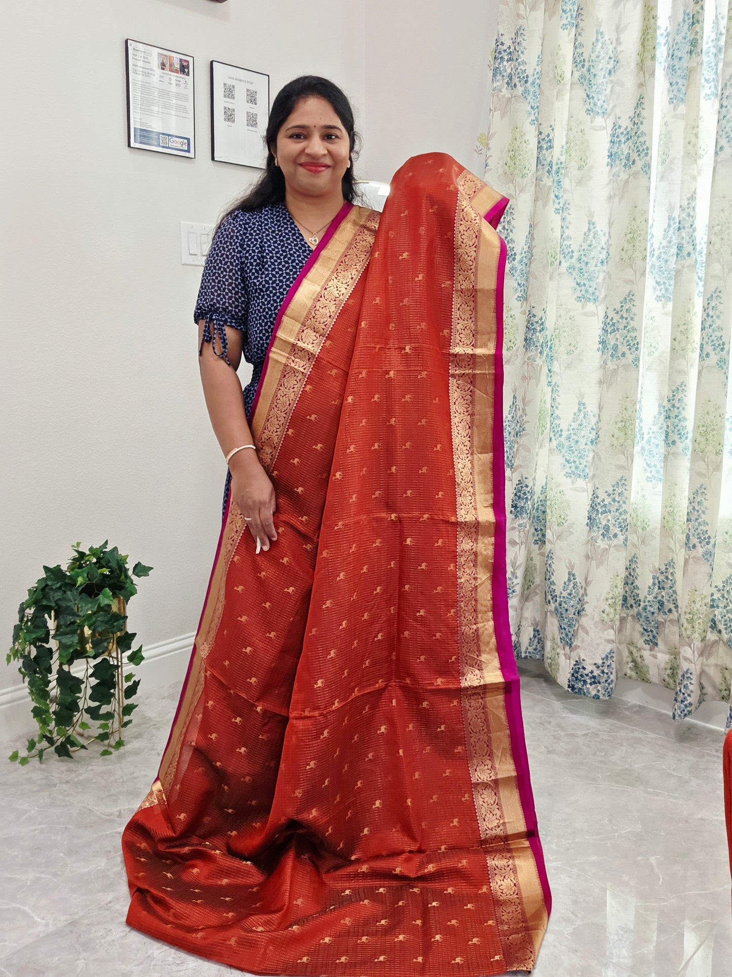 Rust Orange & Jewel Magenta Kanchipuram Soft Silk Saree — Small Checks & Deer Butta Weave with Stitched Maggam Work Blouse & Magenta Tassel Pallu
