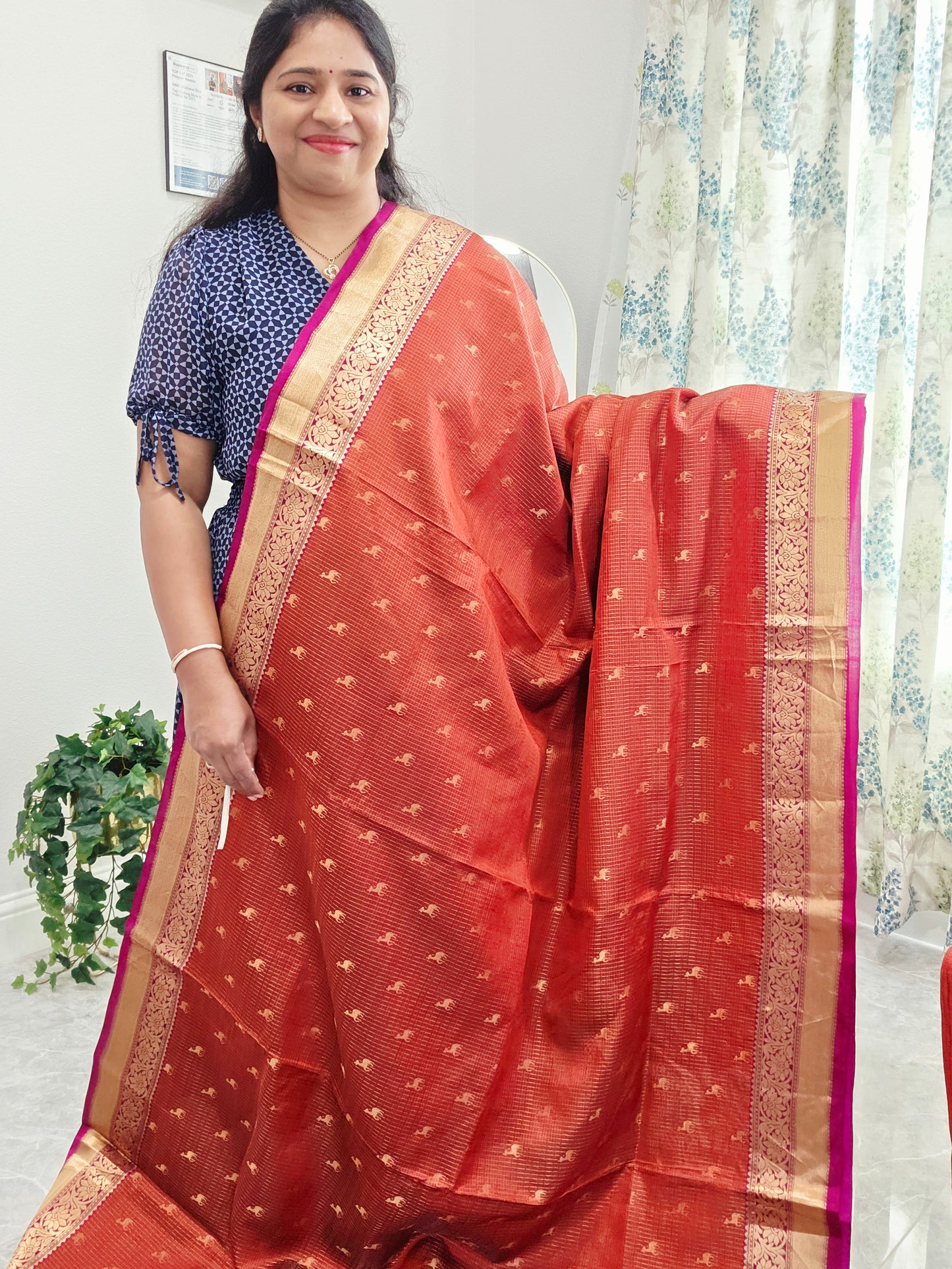 Rust Orange & Jewel Magenta Kanchipuram Soft Silk Saree — Small Checks & Deer Butta Weave with Stitched Maggam Work Blouse & Magenta Tassel Pallu