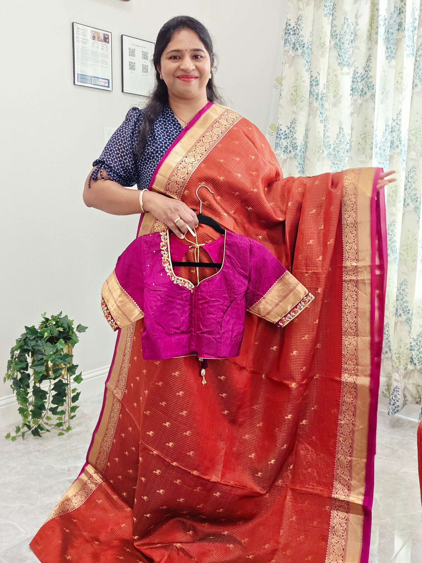 Rust Orange & Jewel Magenta Kanchipuram Soft Silk Saree — Small Checks & Deer Butta Weave with Stitched Maggam Work Blouse & Magenta Tassel Pallu