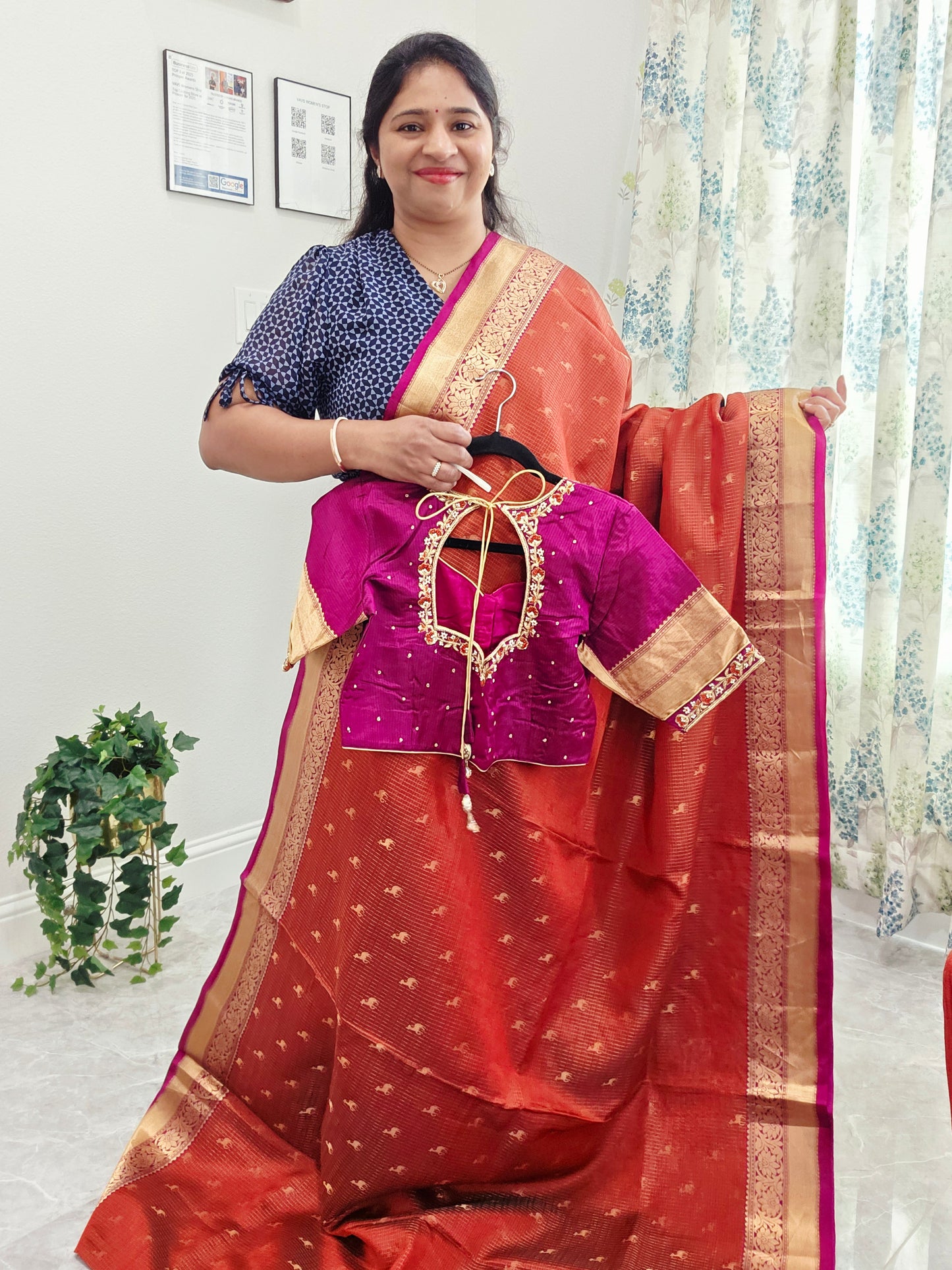 Rust Orange & Jewel Magenta Kanchipuram Soft Silk Saree — Small Checks & Deer Butta Weave with Stitched Maggam Work Blouse & Magenta Tassel Pallu