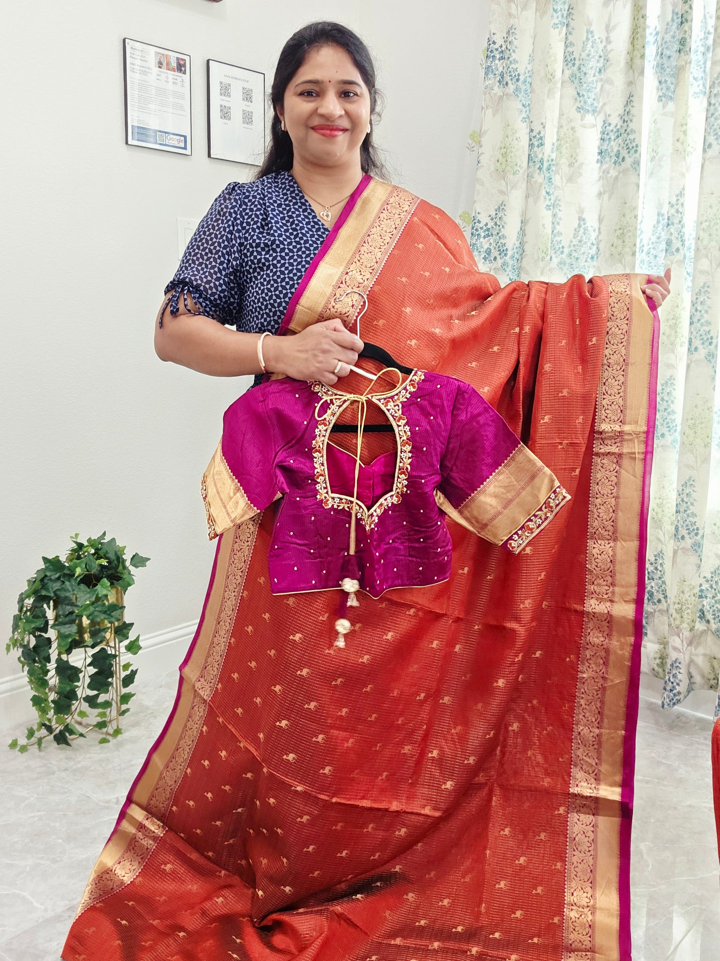 Rust Orange & Jewel Magenta Kanchipuram Soft Silk Saree — Small Checks & Deer Butta Weave with Stitched Maggam Work Blouse & Magenta Tassel Pallu