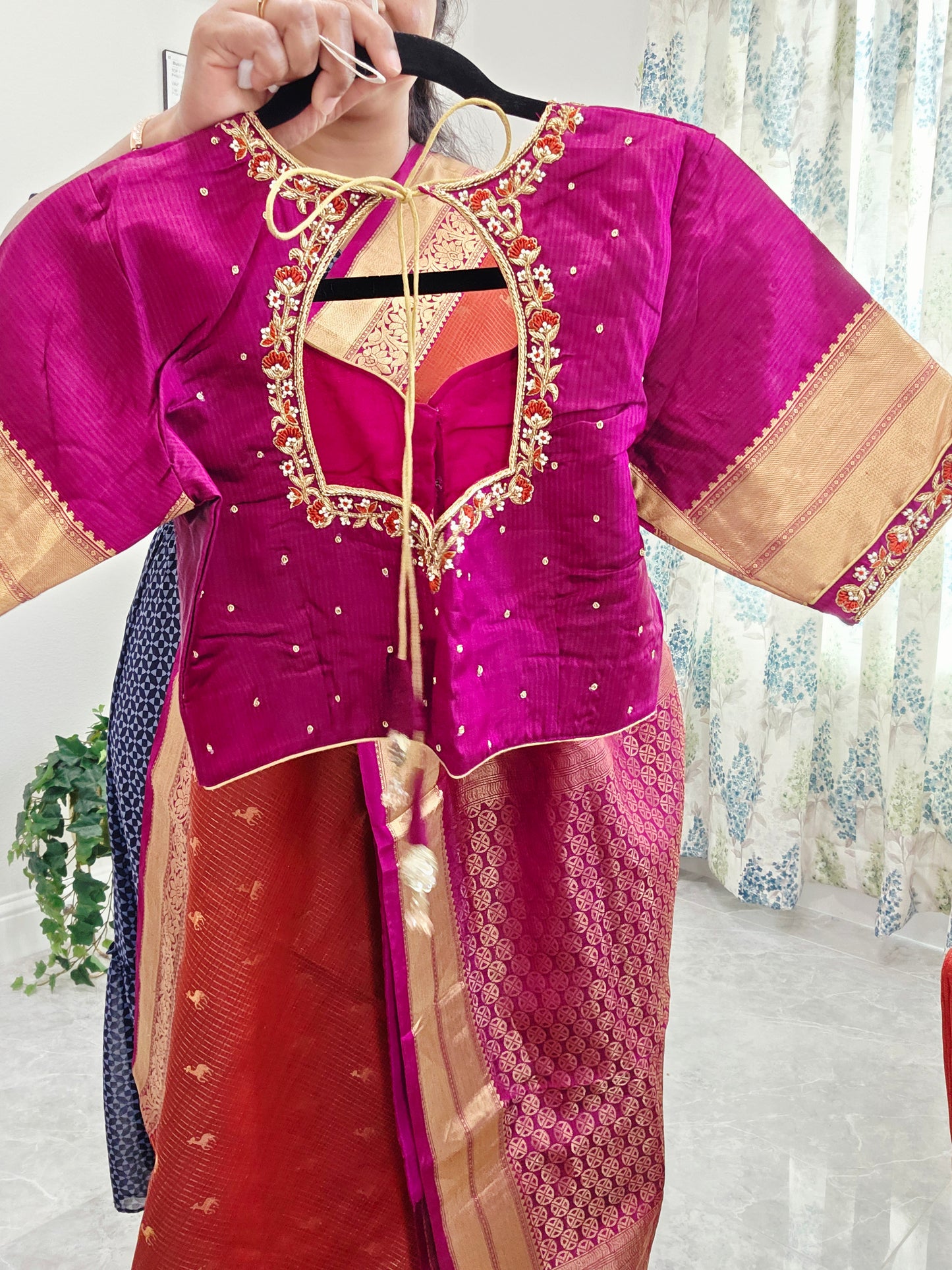Rust Orange & Jewel Magenta Kanchipuram Soft Silk Saree — Small Checks & Deer Butta Weave with Stitched Maggam Work Blouse & Magenta Tassel Pallu