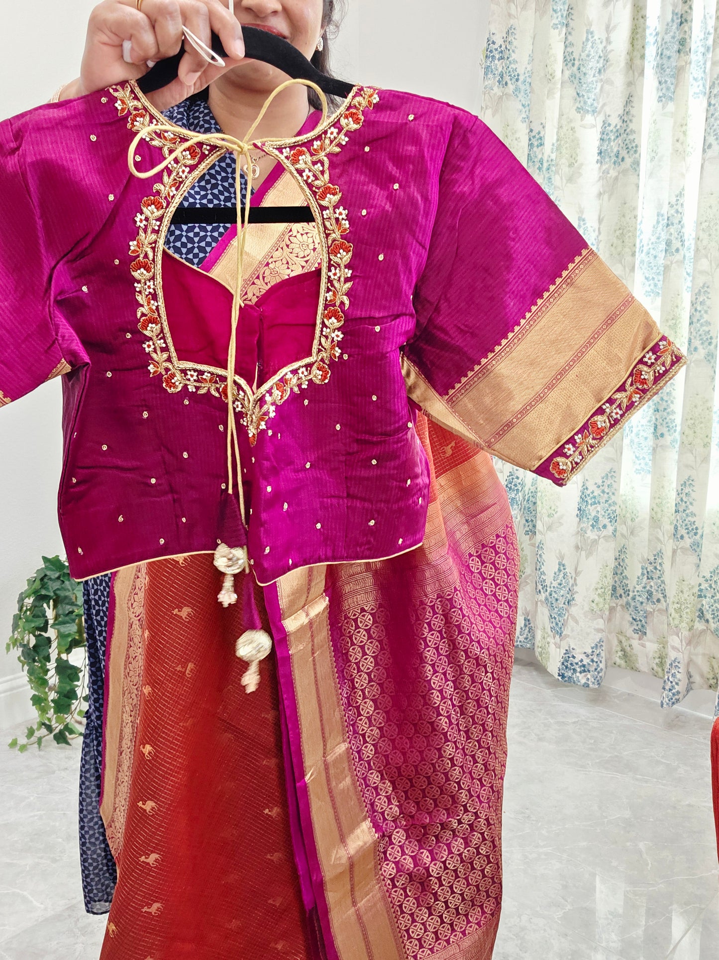 Rust Orange & Jewel Magenta Kanchipuram Soft Silk Saree — Small Checks & Deer Butta Weave with Stitched Maggam Work Blouse & Magenta Tassel Pallu