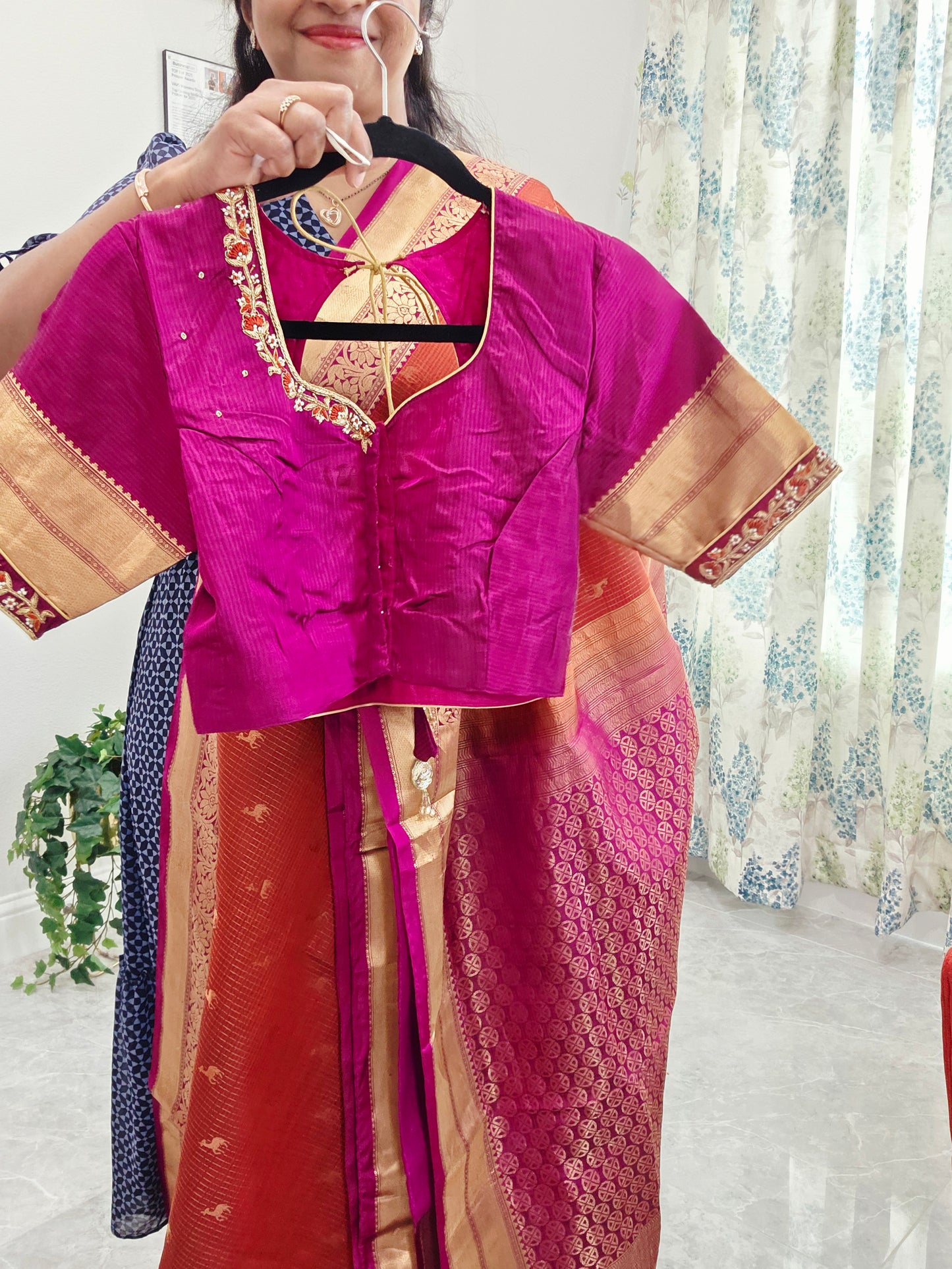 Rust Orange & Jewel Magenta Kanchipuram Soft Silk Saree — Small Checks & Deer Butta Weave with Stitched Maggam Work Blouse & Magenta Tassel Pallu
