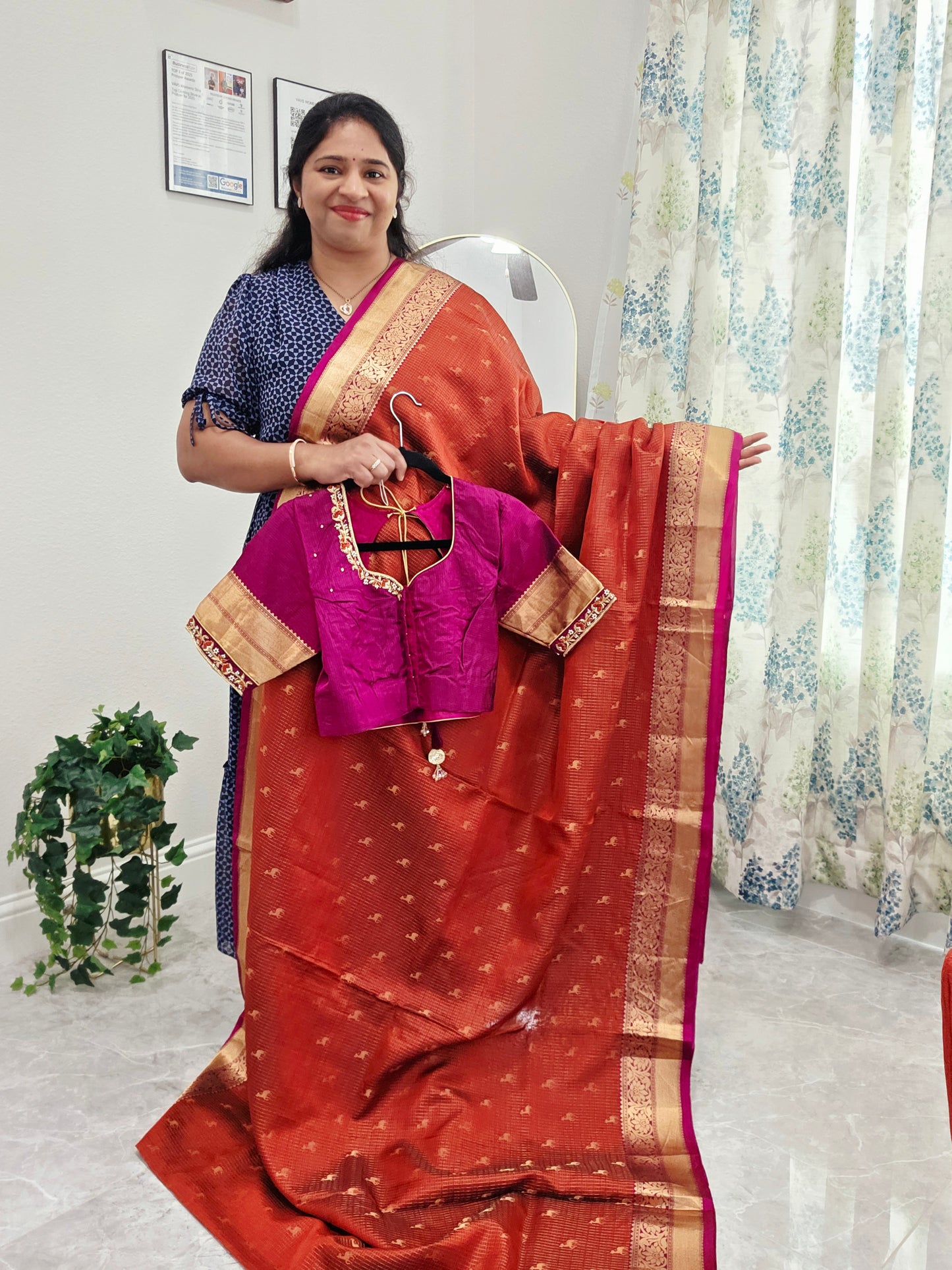Rust Orange & Jewel Magenta Kanchipuram Soft Silk Saree — Small Checks & Deer Butta Weave with Stitched Maggam Work Blouse & Magenta Tassel Pallu
