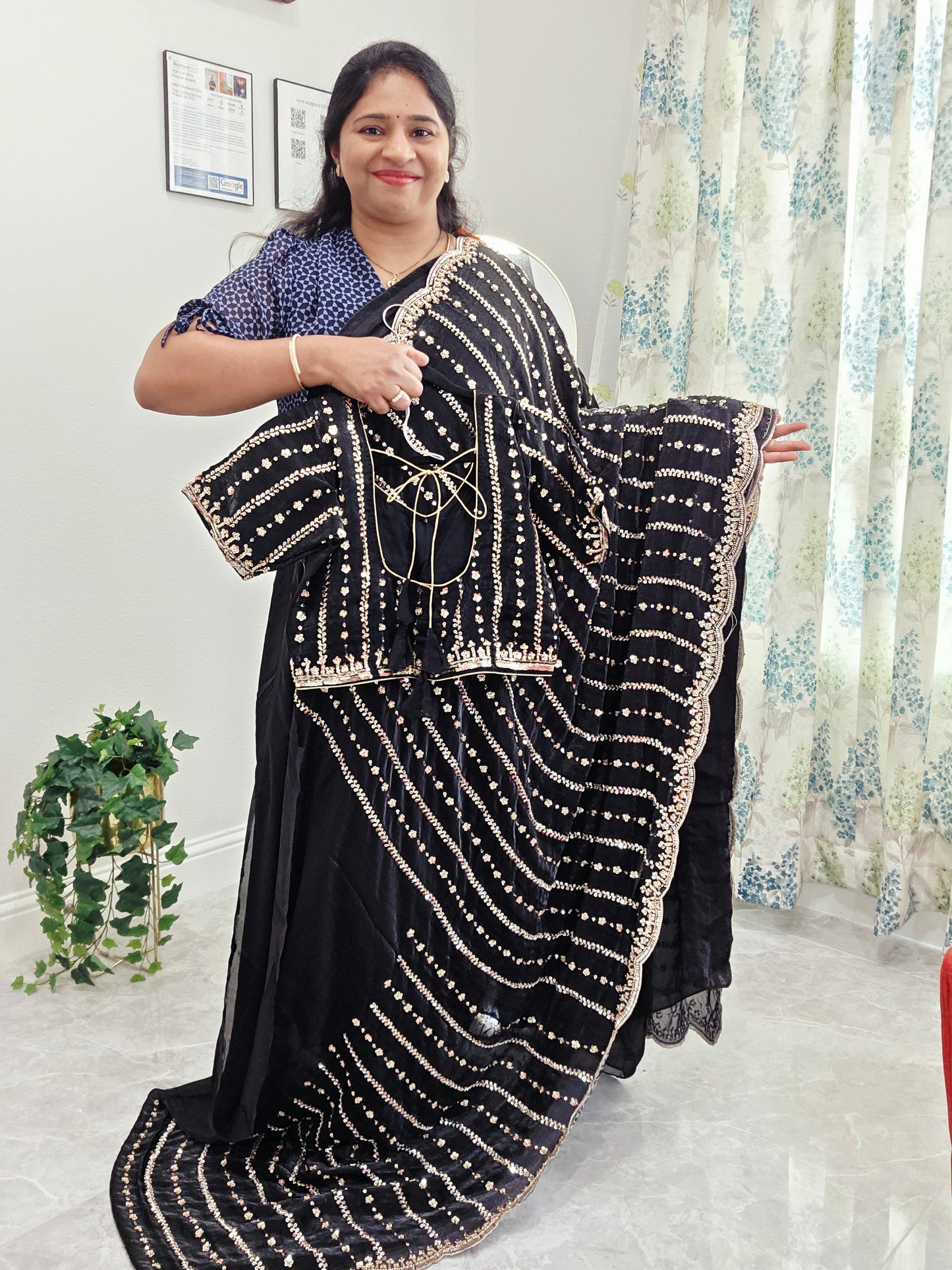 Cocktail Party Wear Sequins Work Space Silk Designer Saree - Blouse