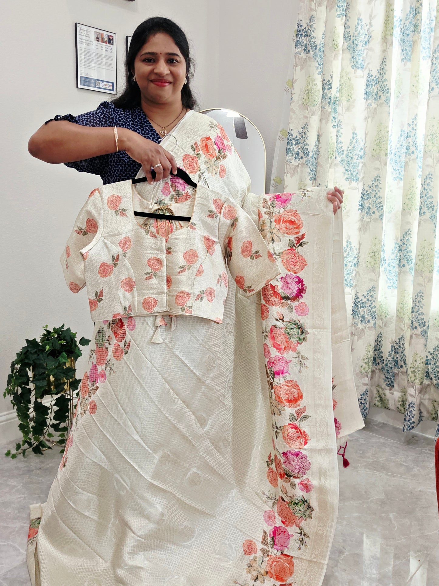 Ivory Rose Garden Munga Crepe Silk Saree with Stitched Blouse
