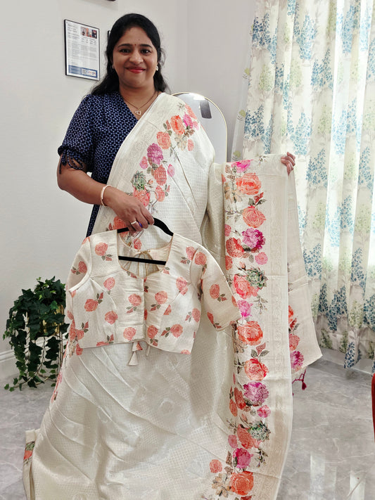 Ivory Rose Garden Munga Crepe Silk Saree with Stitched Blouse