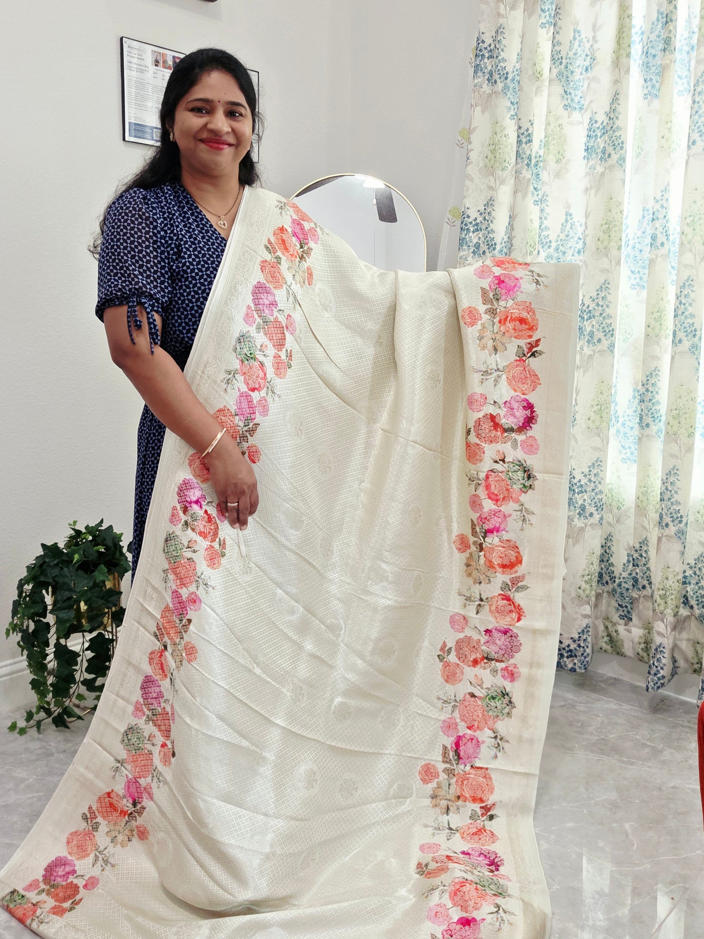 Ivory Rose Garden Munga Crepe Silk Saree with Stitched Blouse