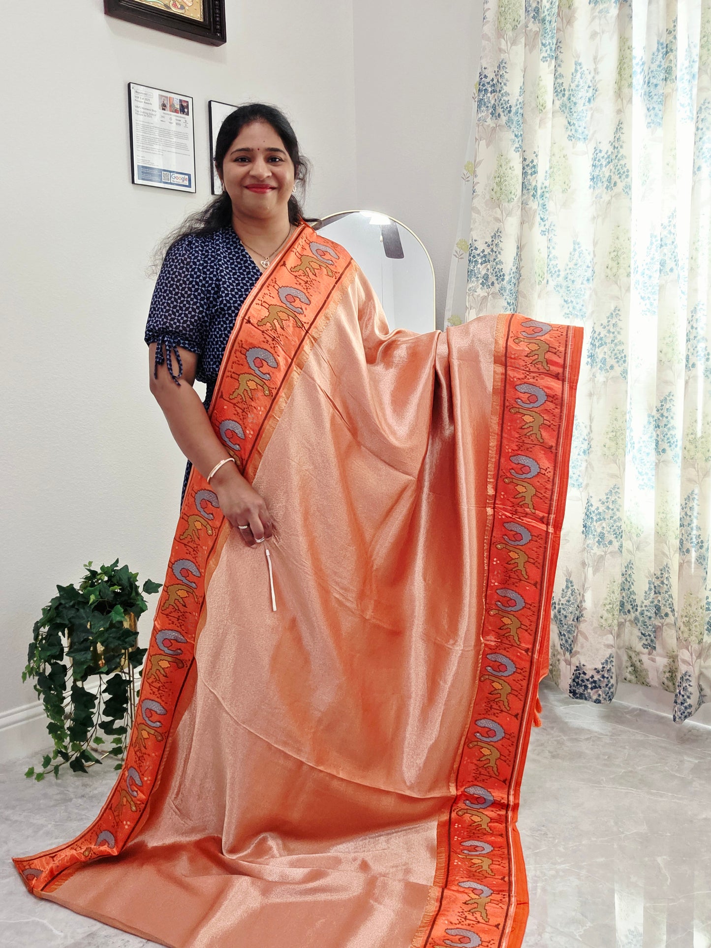 Peach Orange Tissue Brocade Silk Saree with Stitched Blouse