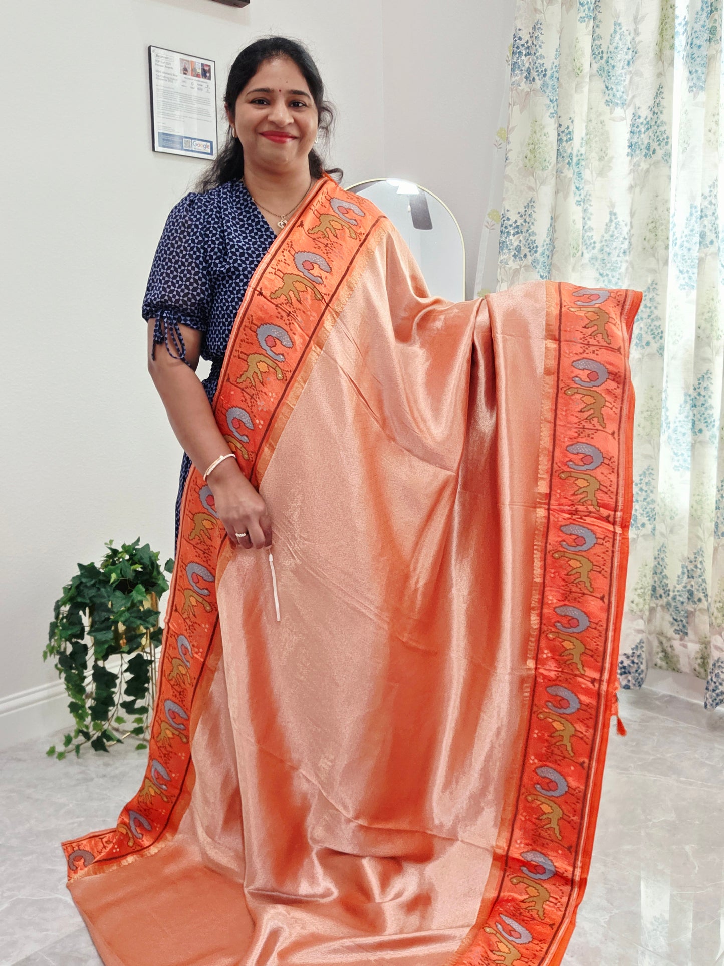 Peach Orange Tissue Brocade Silk Saree with Stitched Blouse