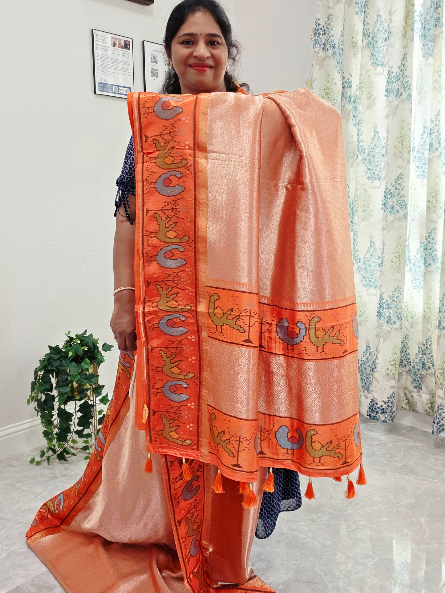 Peach Orange Tissue Brocade Silk Saree with Stitched Blouse