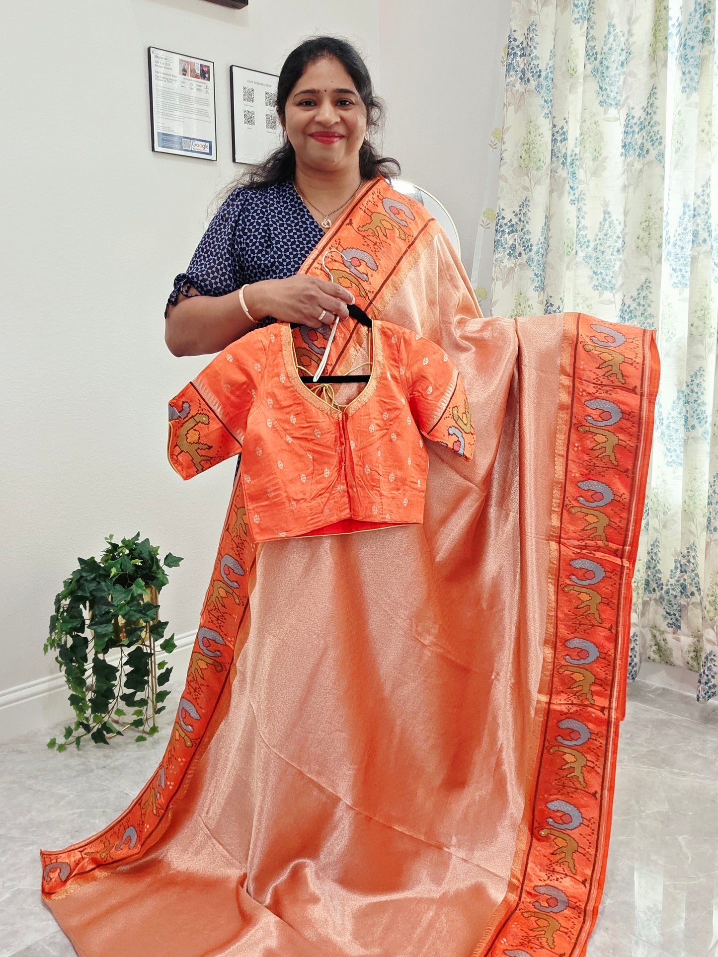 Peach Orange Tissue Brocade Silk Saree with Stitched Blouse
