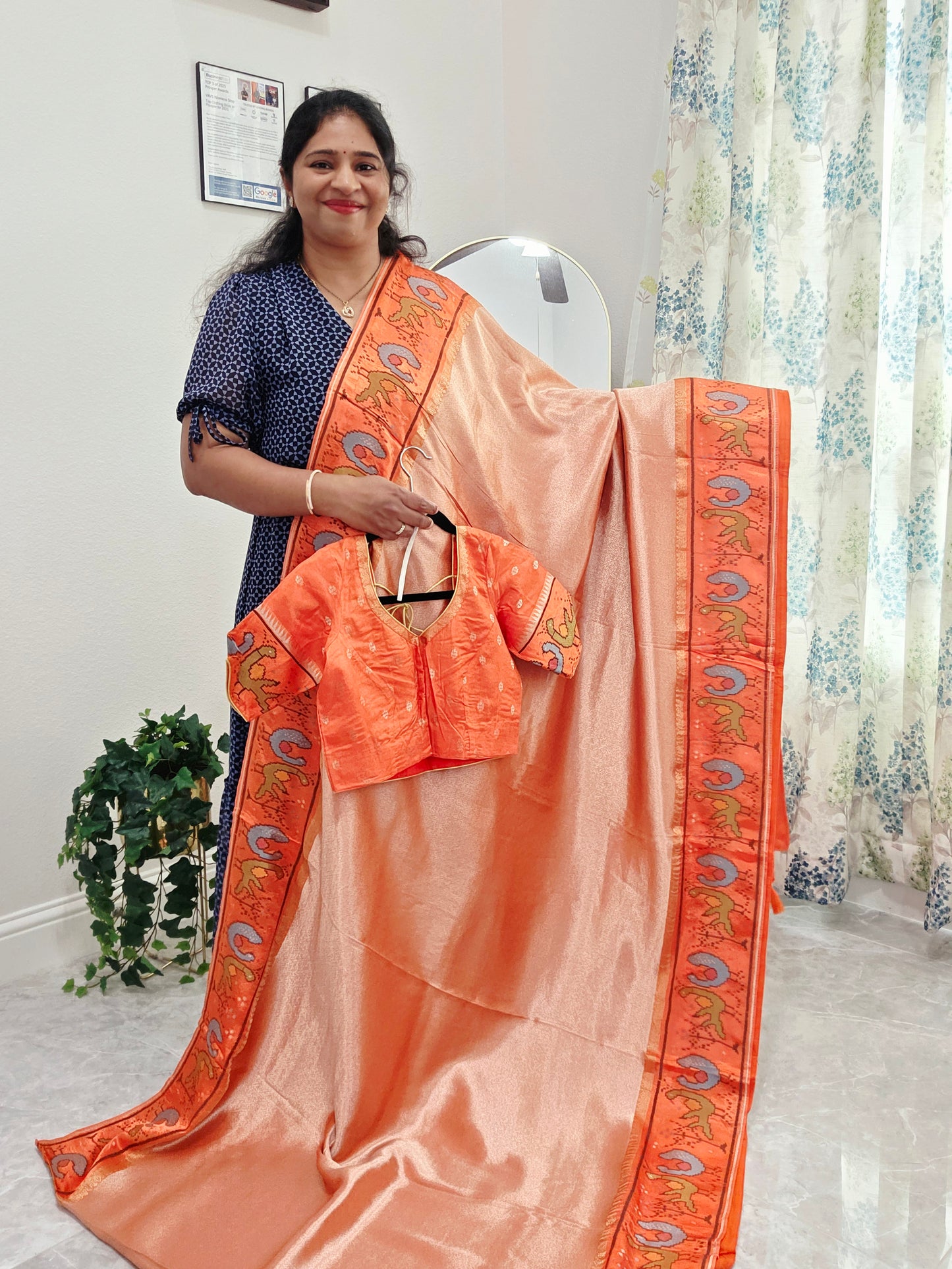 Peach Orange Tissue Brocade Silk Saree with Stitched Blouse