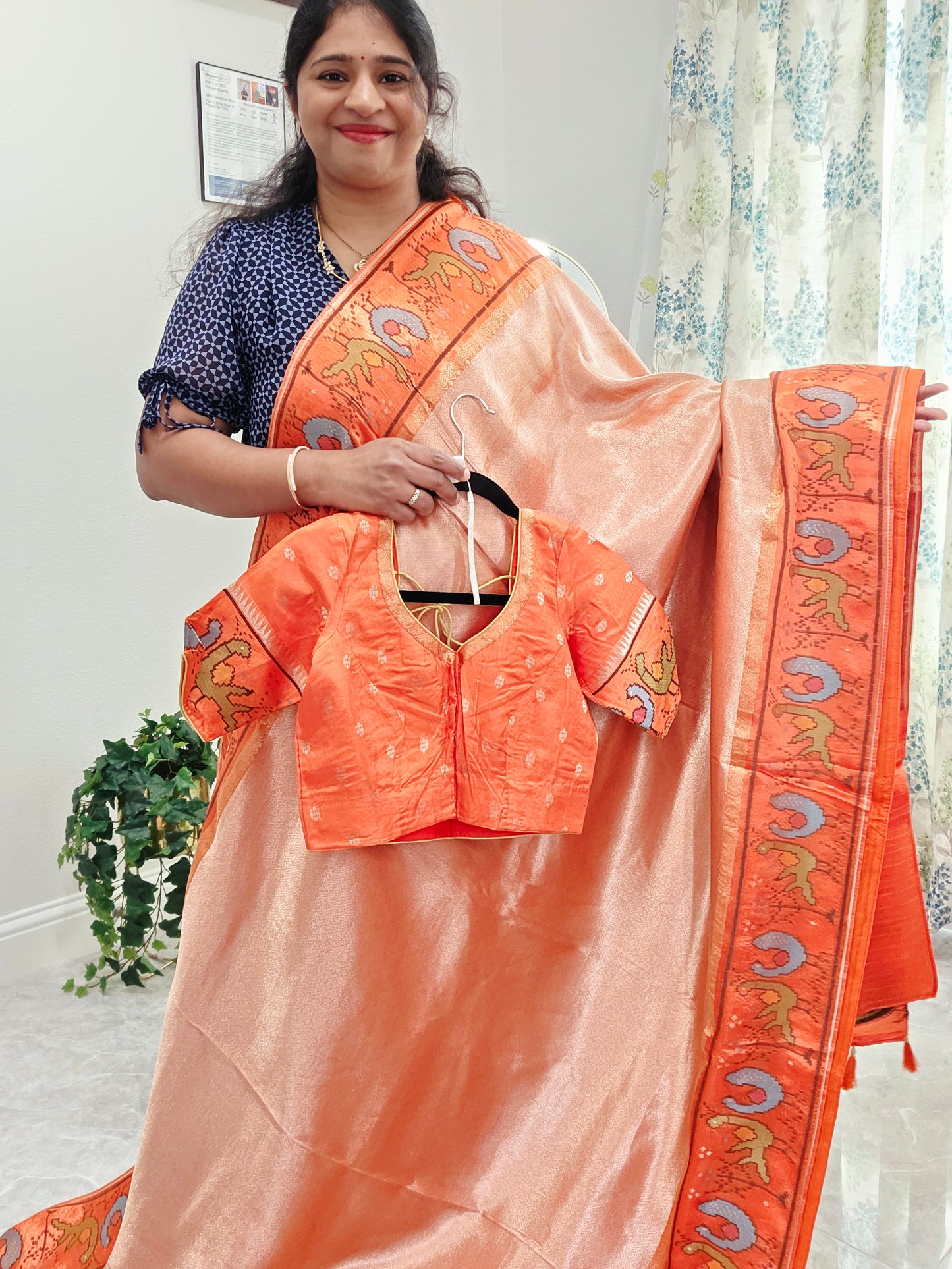 Peach Orange Tissue Brocade Silk Saree with Stitched Blouse