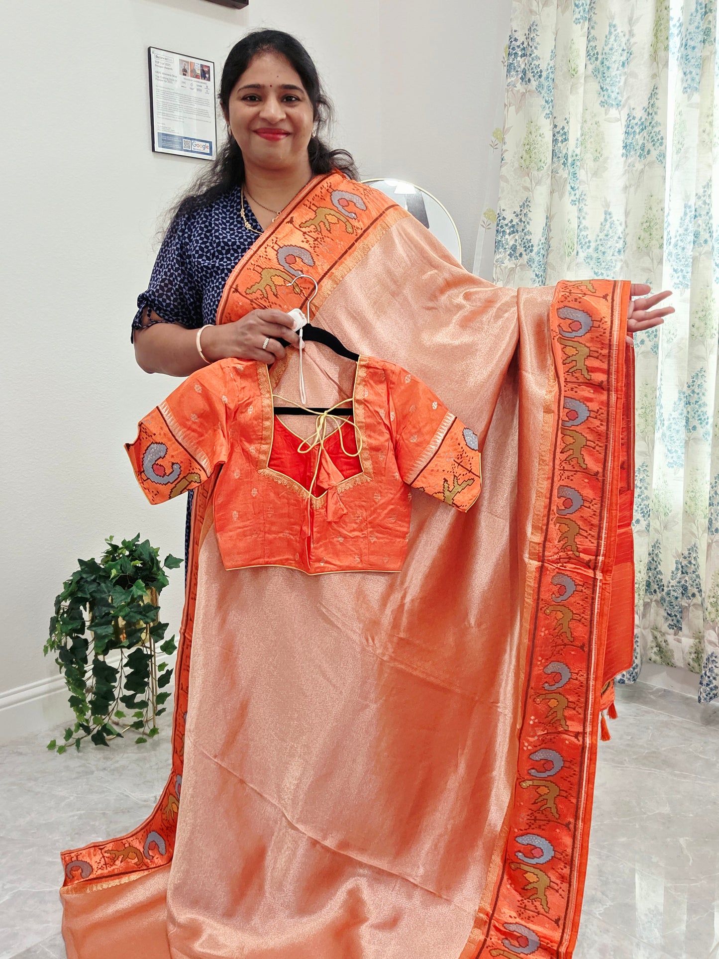 Peach Orange Tissue Brocade Silk Saree with Stitched Blouse