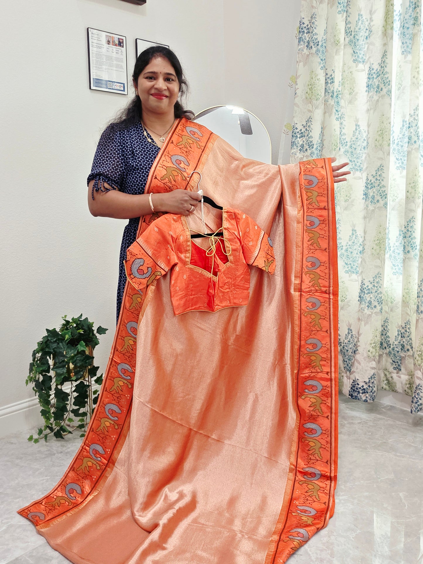 Peach Orange Tissue Brocade Silk Saree with Stitched Blouse