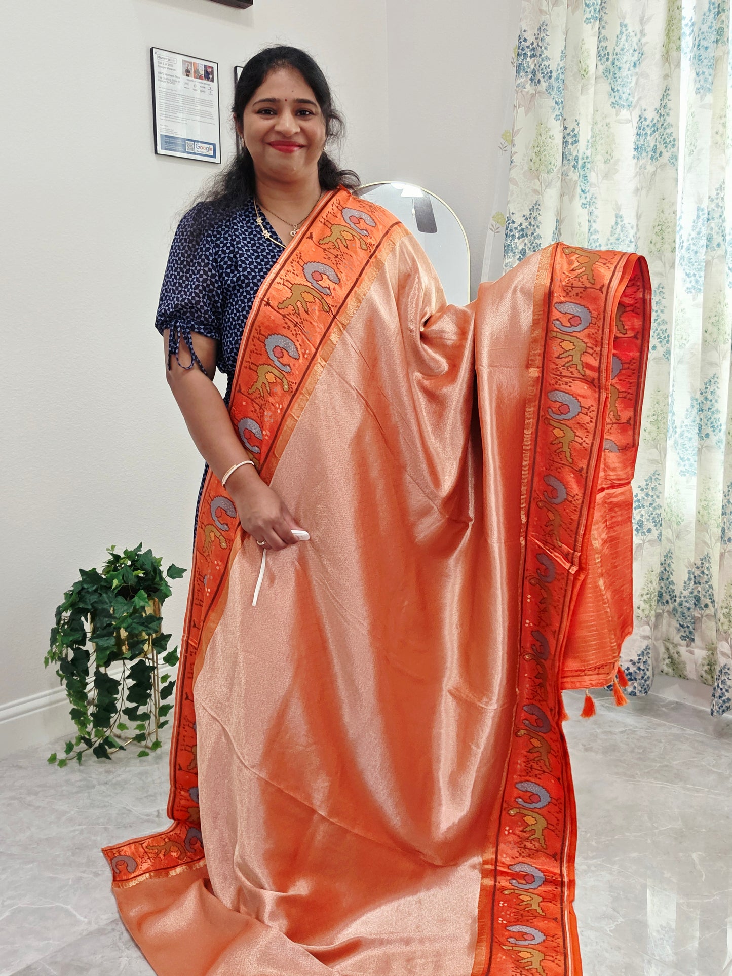 Peach Orange Tissue Brocade Silk Saree with Stitched Blouse