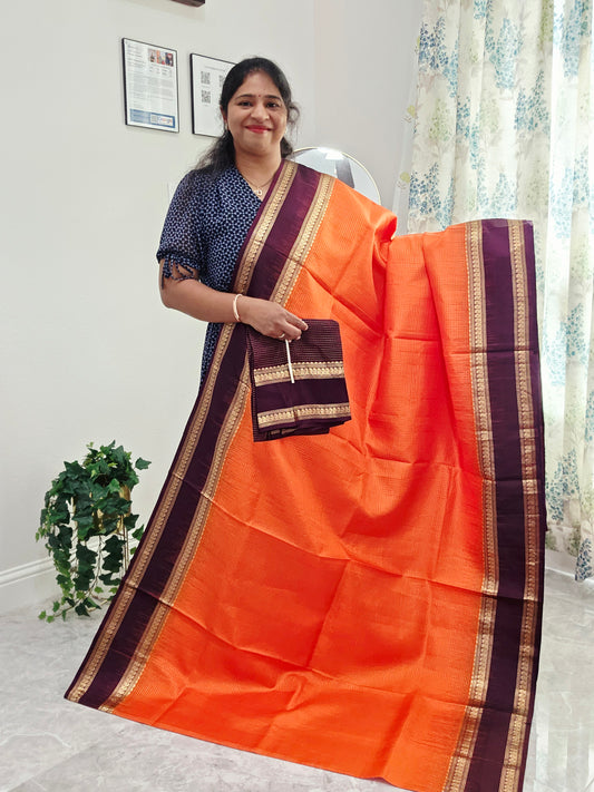 Sunset Orange Pure Kanchi Soft Silk Saree with Wine Plum Gap Border & Blouse Piece