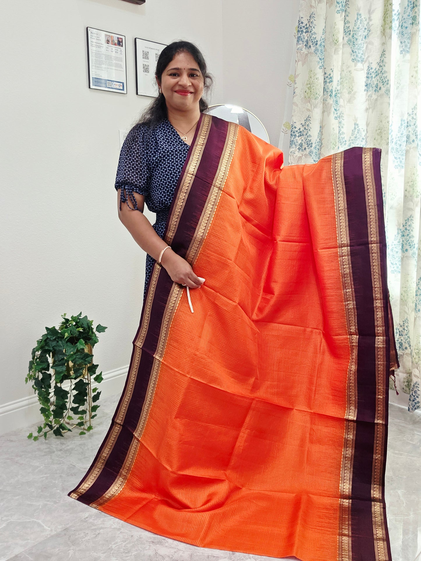 Sunset Orange Pure Kanchi Soft Silk Saree with Wine Plum Gap Border & Blouse Piece