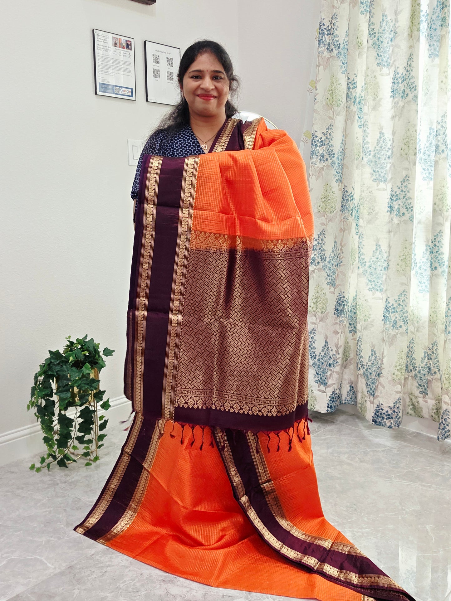 Sunset Orange Pure Kanchi Soft Silk Saree with Wine Plum Gap Border & Blouse Piece