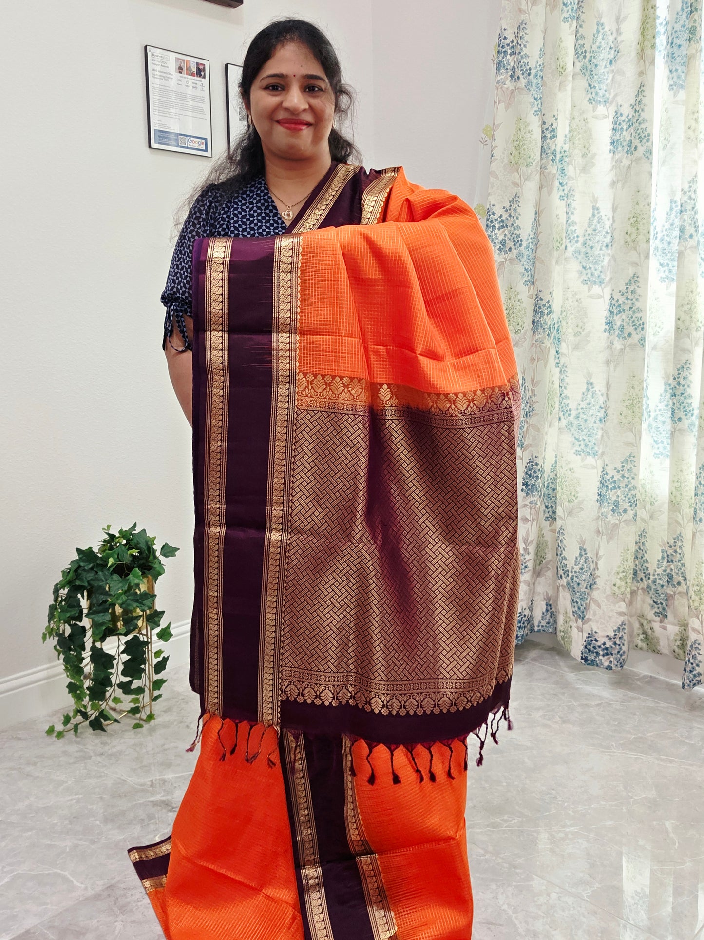 Sunset Orange Pure Kanchi Soft Silk Saree with Wine Plum Gap Border & Blouse Piece