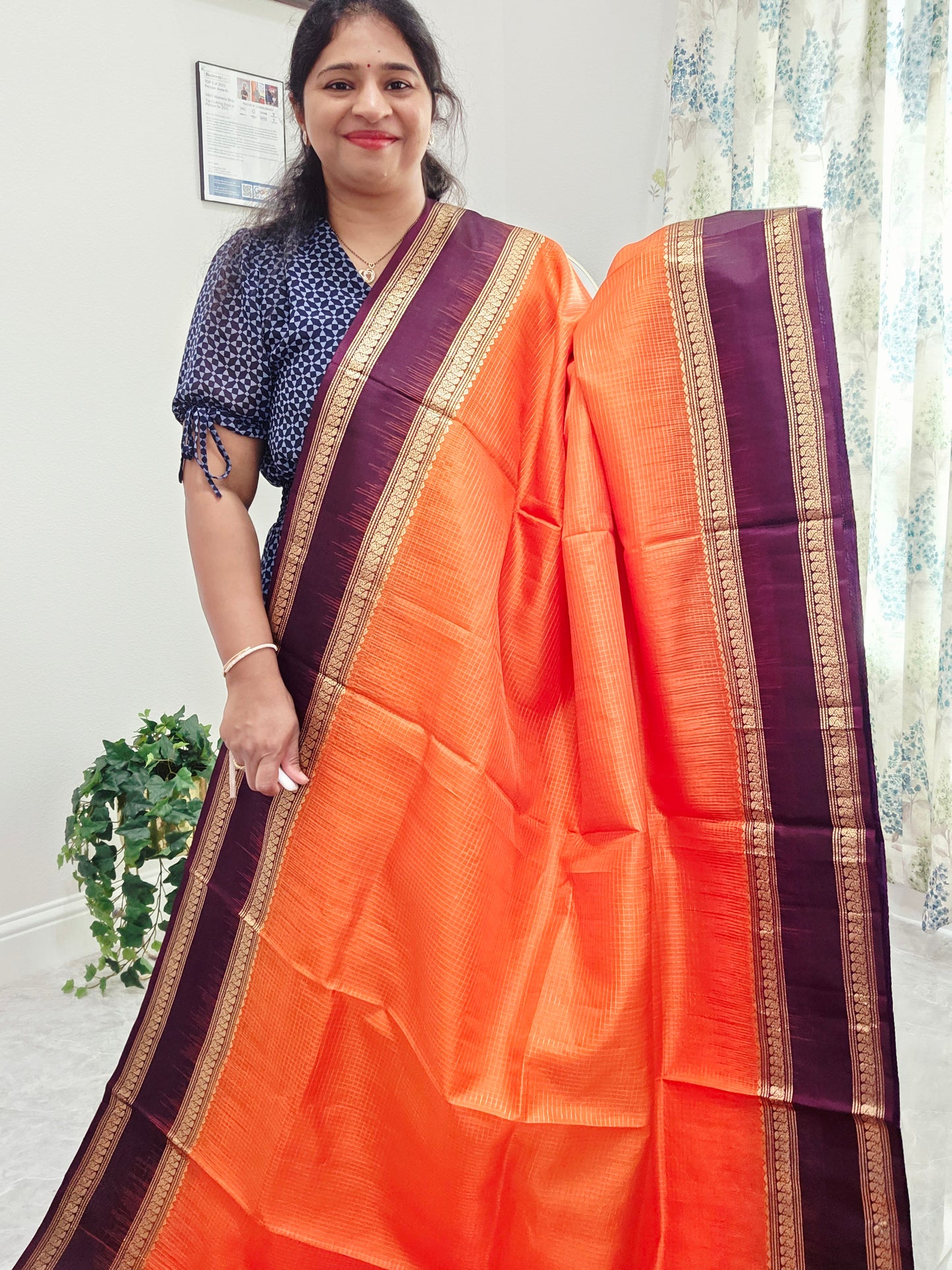 Sunset Orange Pure Kanchi Soft Silk Saree with Wine Plum Gap Border & Blouse Piece