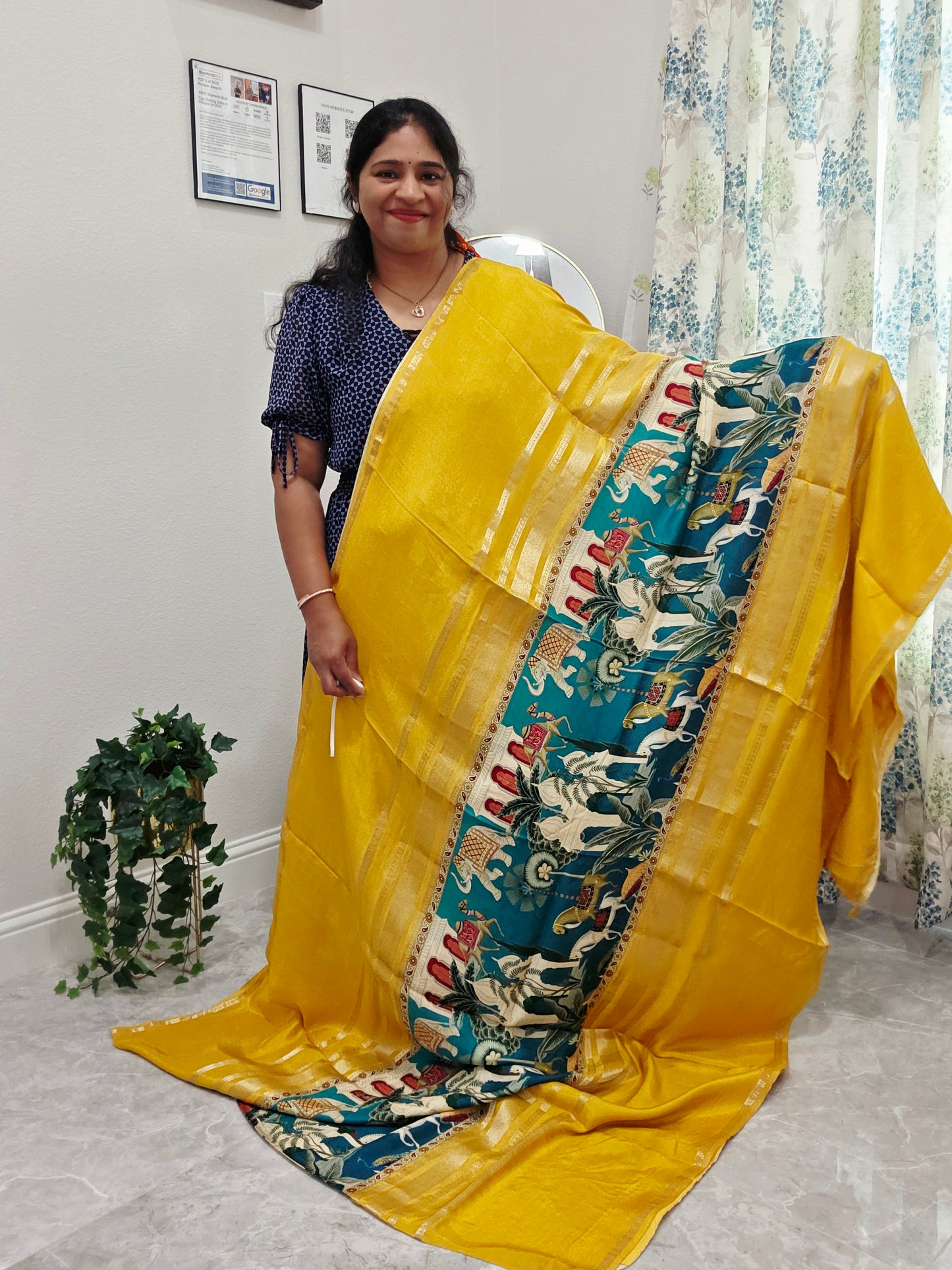 Sunlit Mustard Heritage Crepe Silk Saree with Stitched Blouse