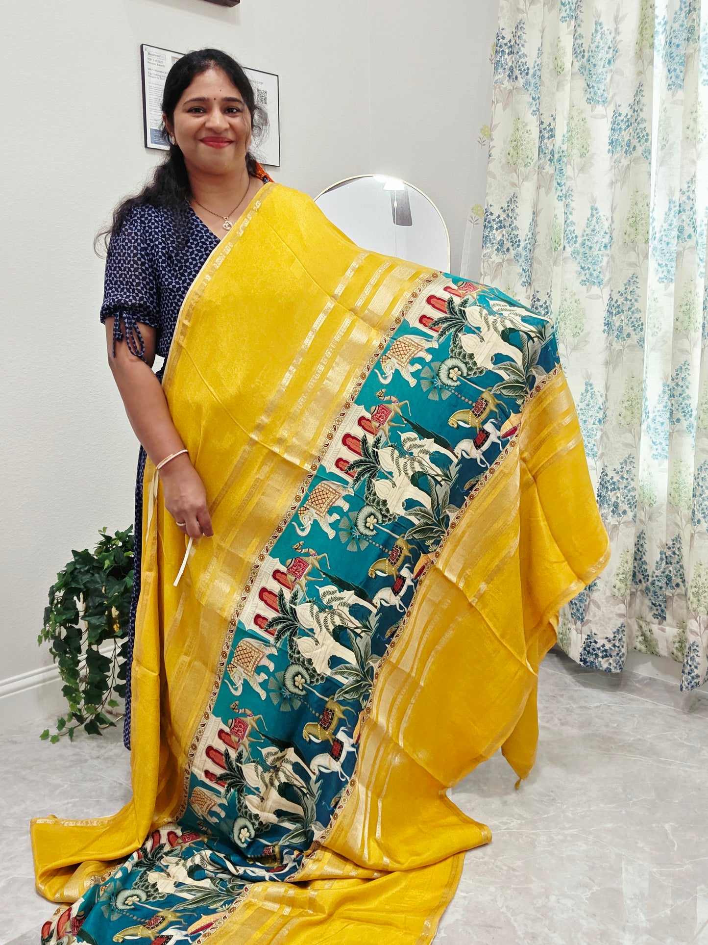 Sunlit Mustard Heritage Crepe Silk Saree with Stitched Blouse