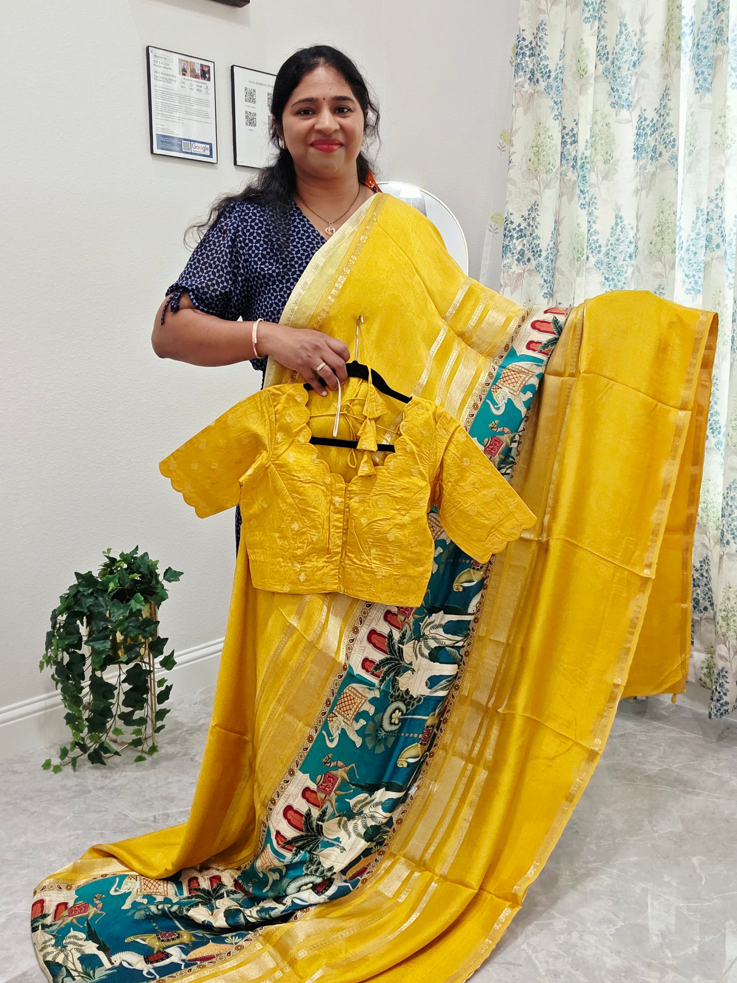 Sunlit Mustard Heritage Crepe Silk Saree with Stitched Blouse