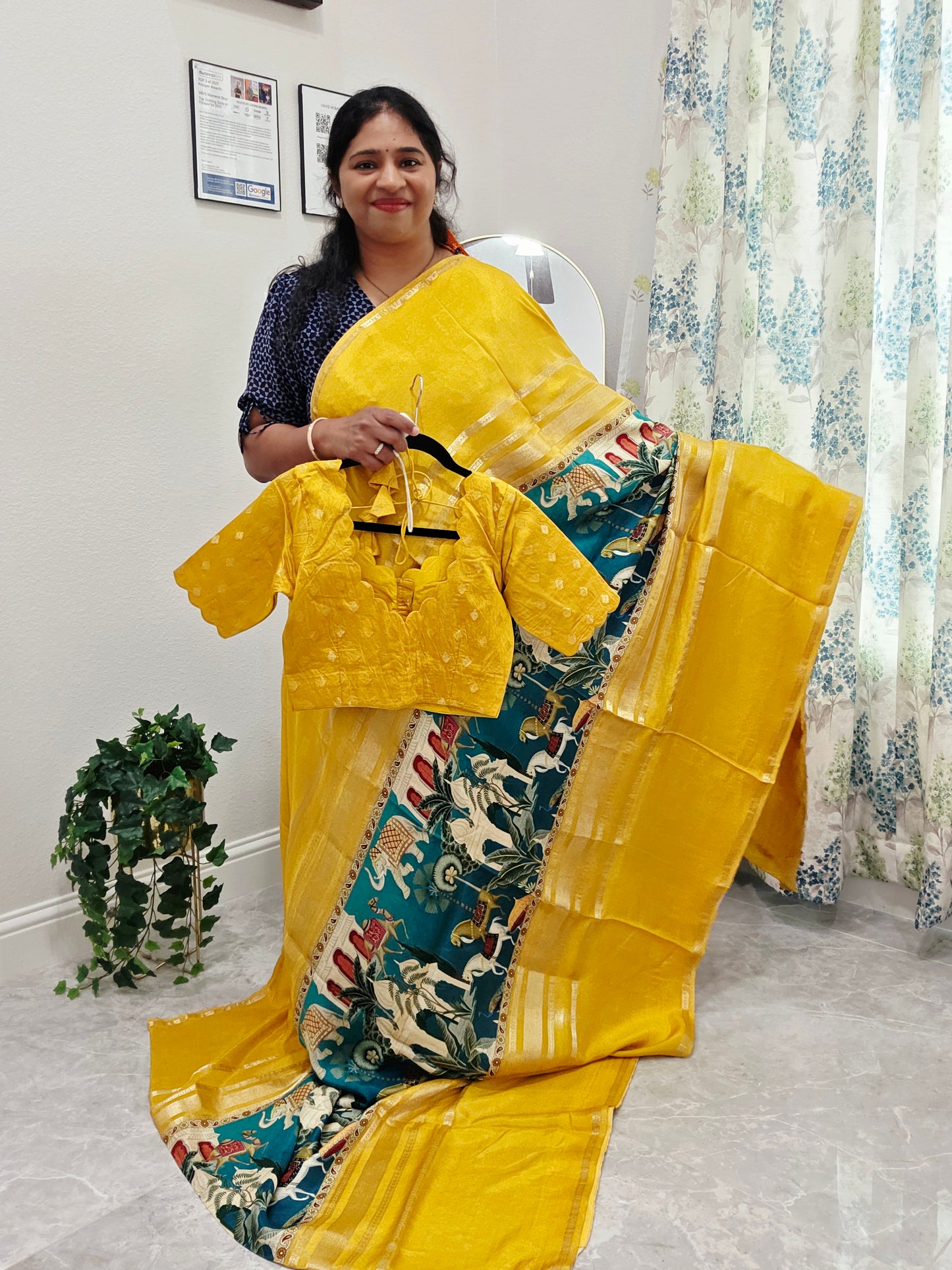 Sunlit Mustard Heritage Crepe Silk Saree with Stitched Blouse